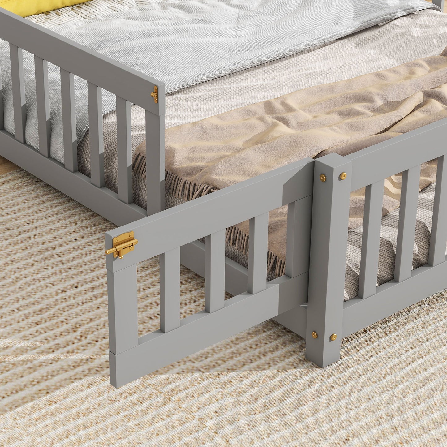 Full House-Shaped Headboard Floor Bed With Fence - Gray