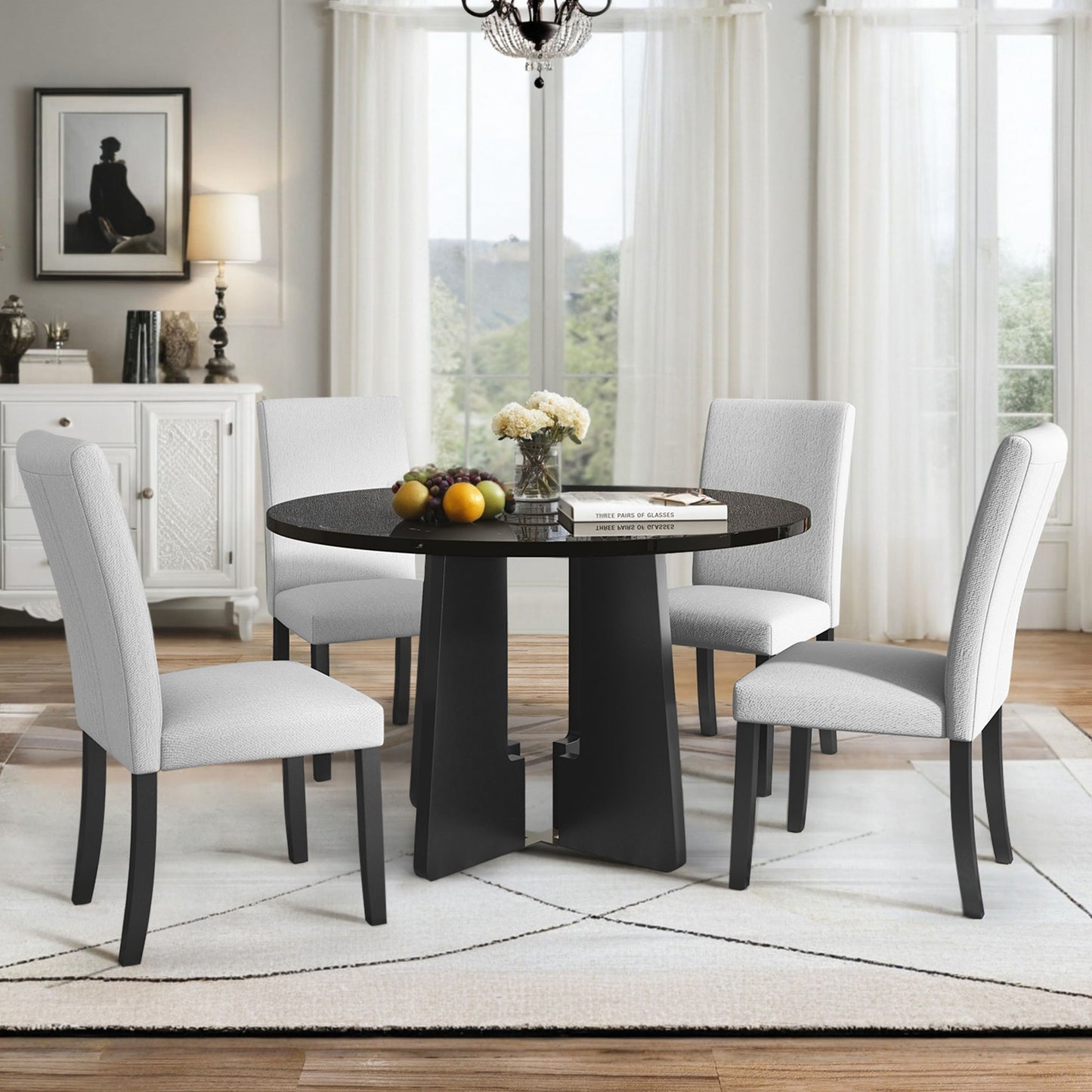 5 Piece Round Dining Table Set, Modern Dining Table And 4 Upholstered Chairs For Dining Room, Kitchen Room, Living Room - Beige / Black