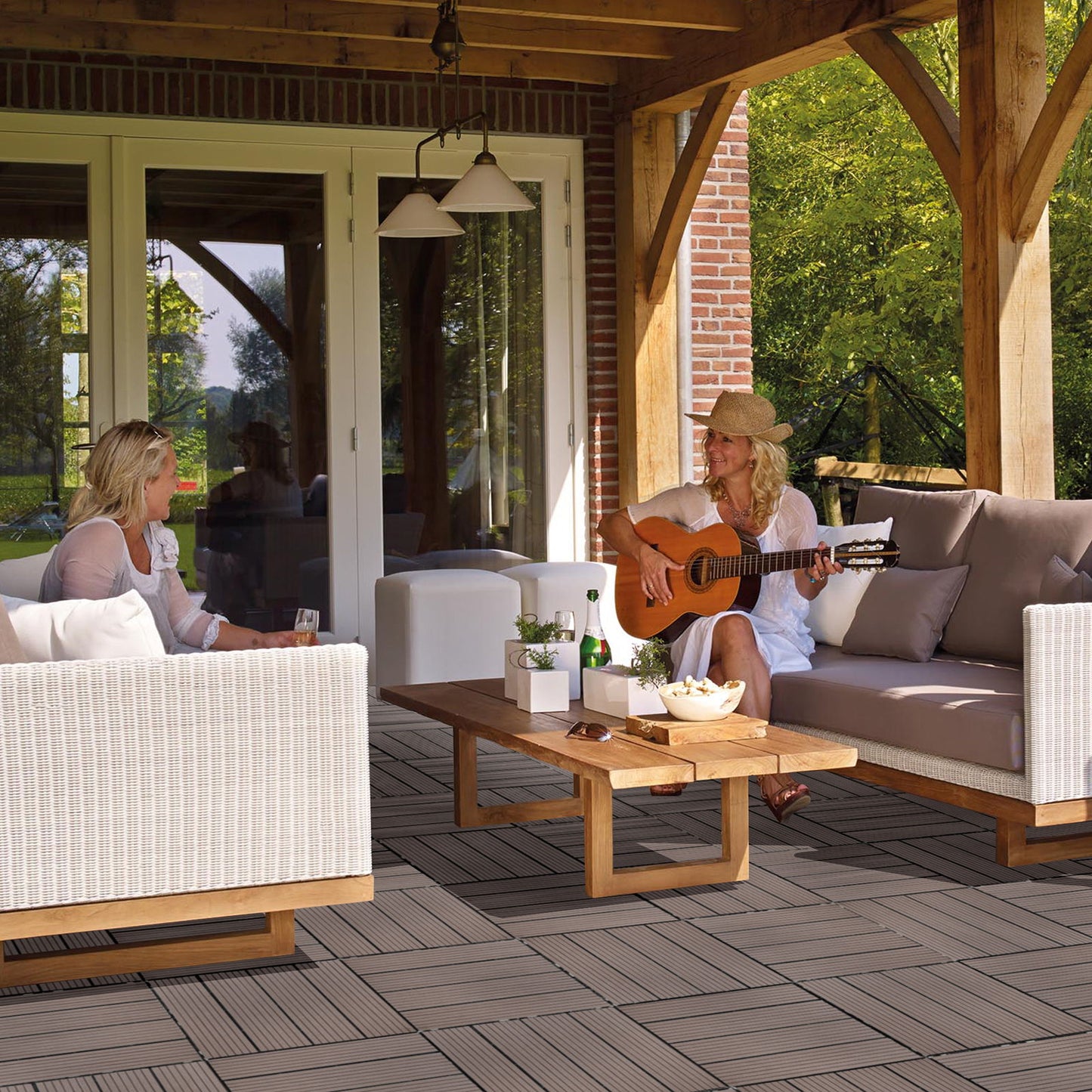 Wood Plastic Composite Deck Tiles (Set of 20), Sustainable Composite Decking Resist Rust, Water, Weather, Easy To Diy & Maintain, Ideal For Patios, Balconies, Rooftops - Light Coffee