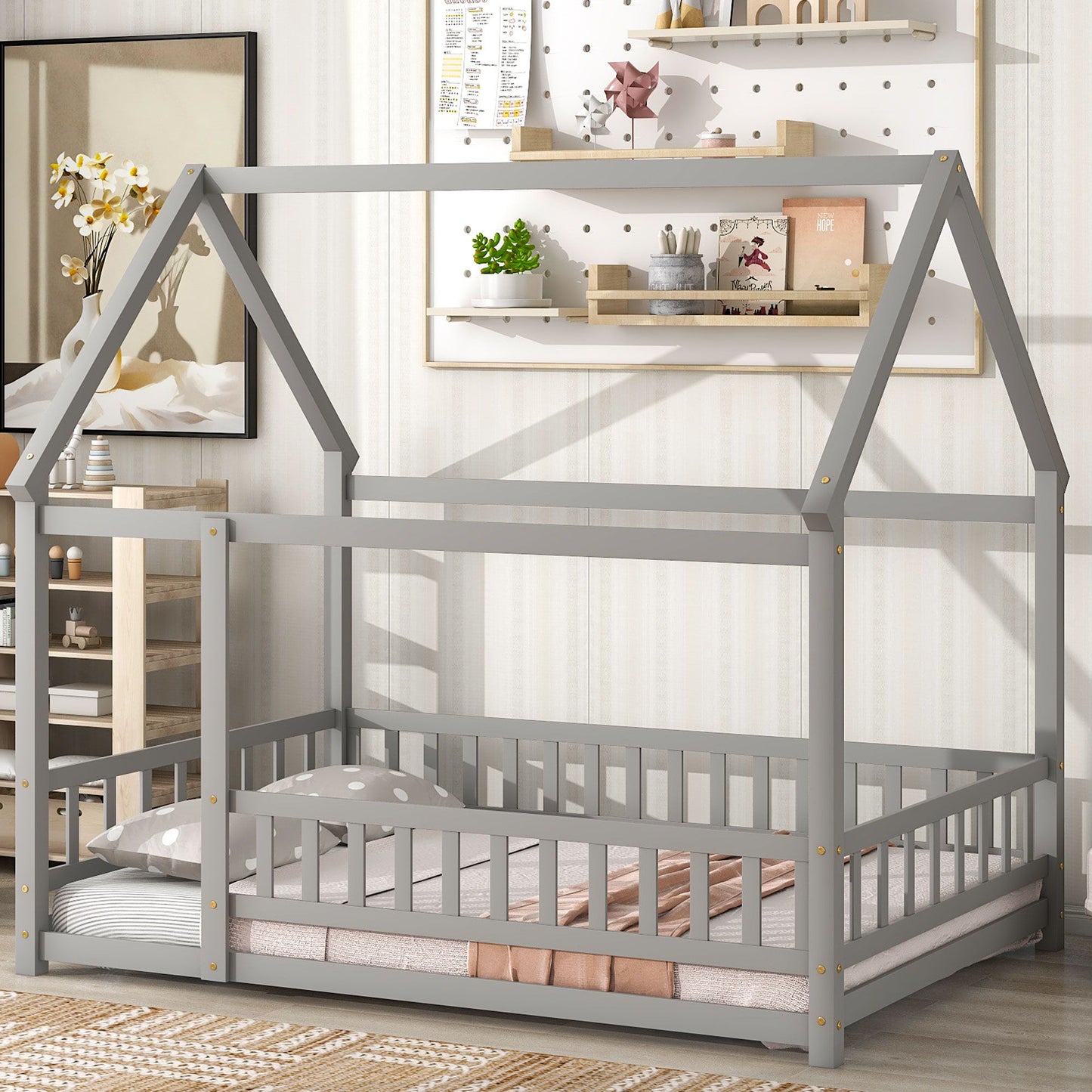 Full Size Floor Wooden Bed With House Roof Frame, Fence Guardrails - Gray