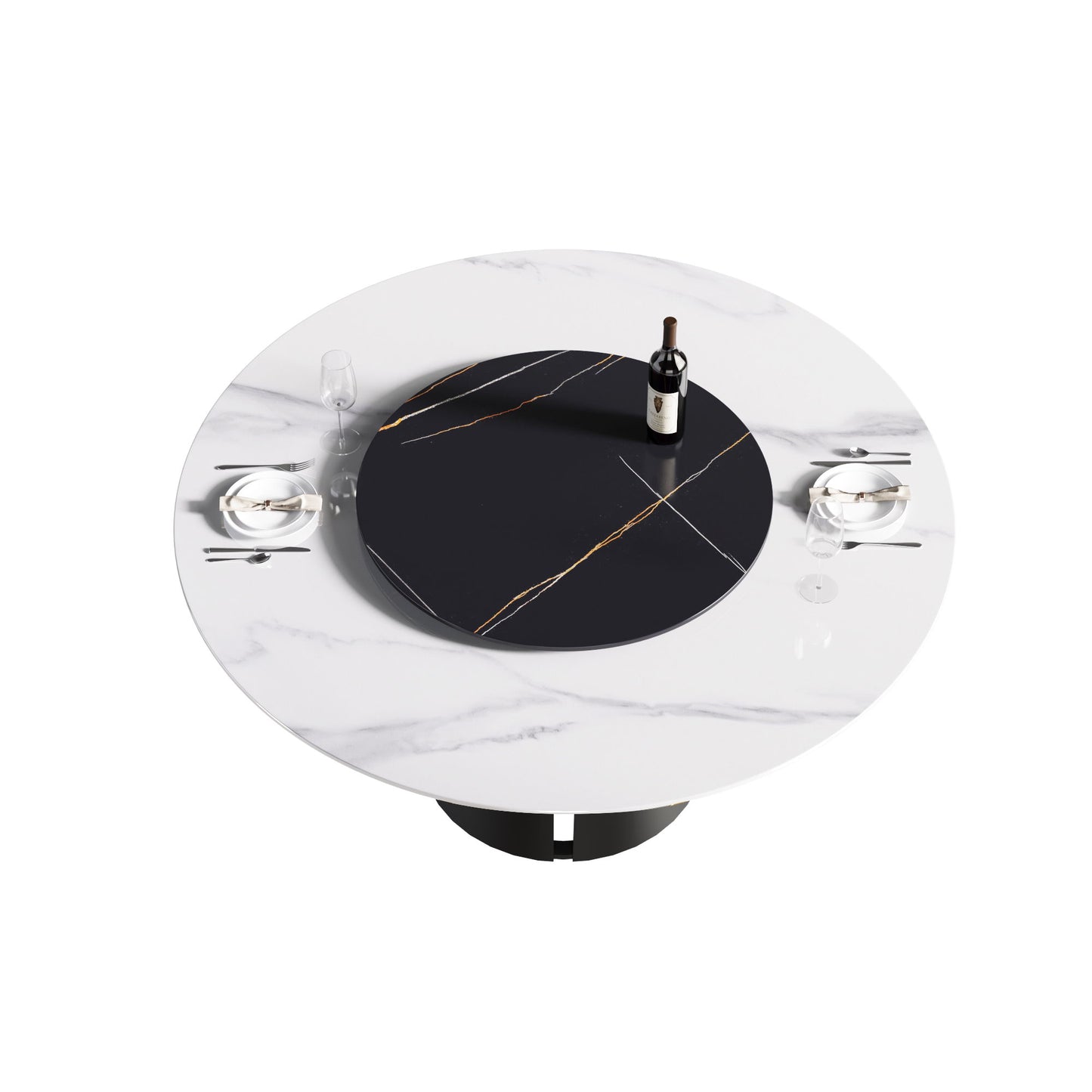 59.05" Modern Artificial Stone Round Carbon Steel Base Dining Table, Can Accommodate 6 People, Black Artificial Stone Turntable - White / Black