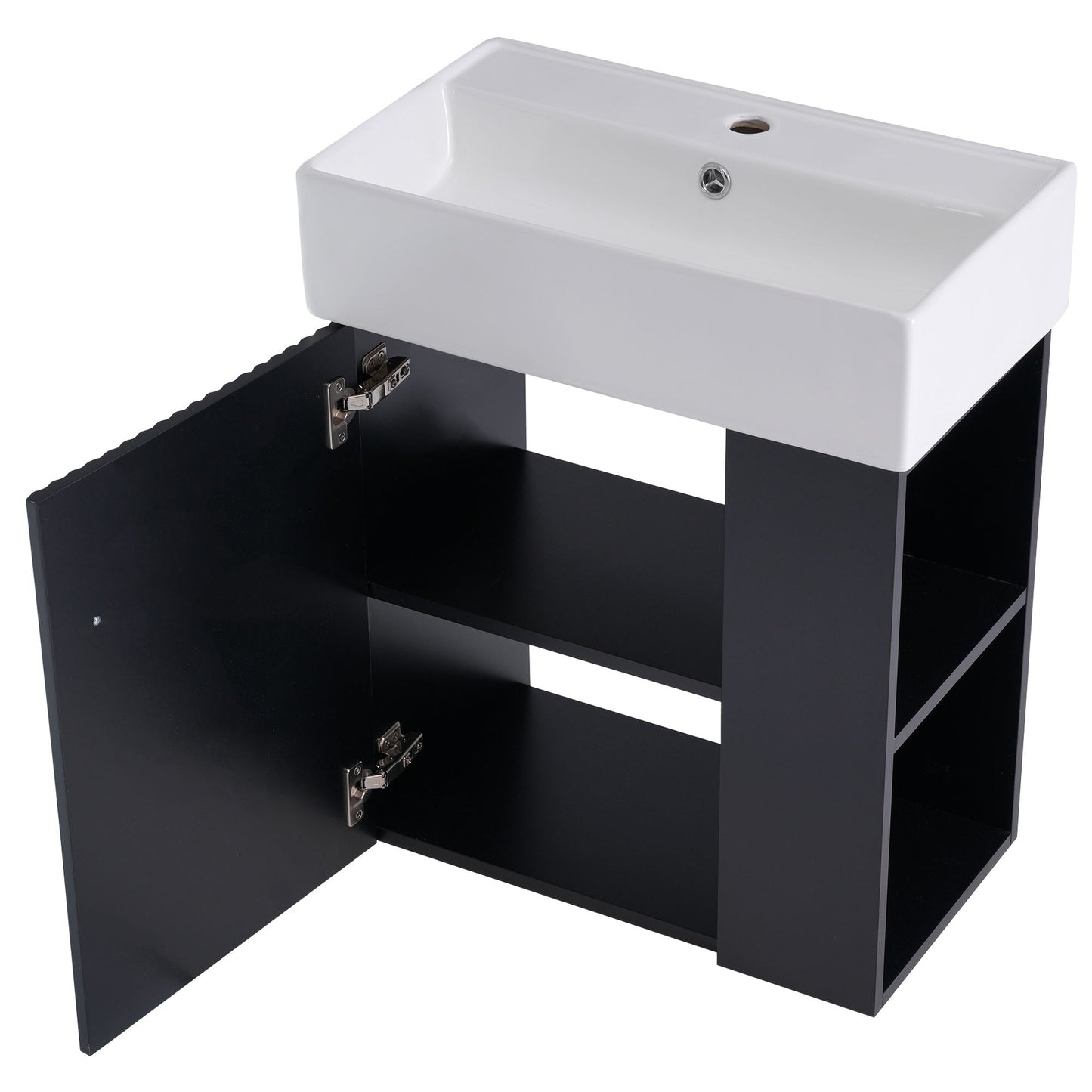 Modern Floating Bathroom Vanity With Ceramic Basin, Perfect For Small Bathrooms, Right Side Storage - Black