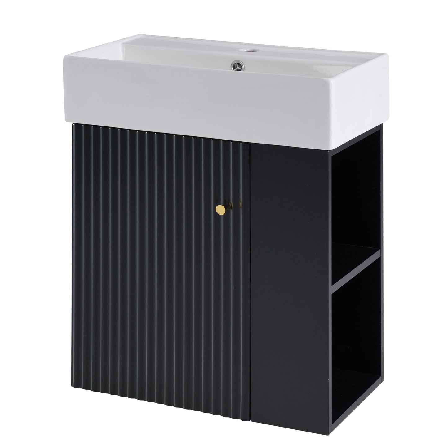 Modern Floating Bathroom Vanity With Ceramic Basin, Perfect For Small Bathrooms, Right Side Storage - Black