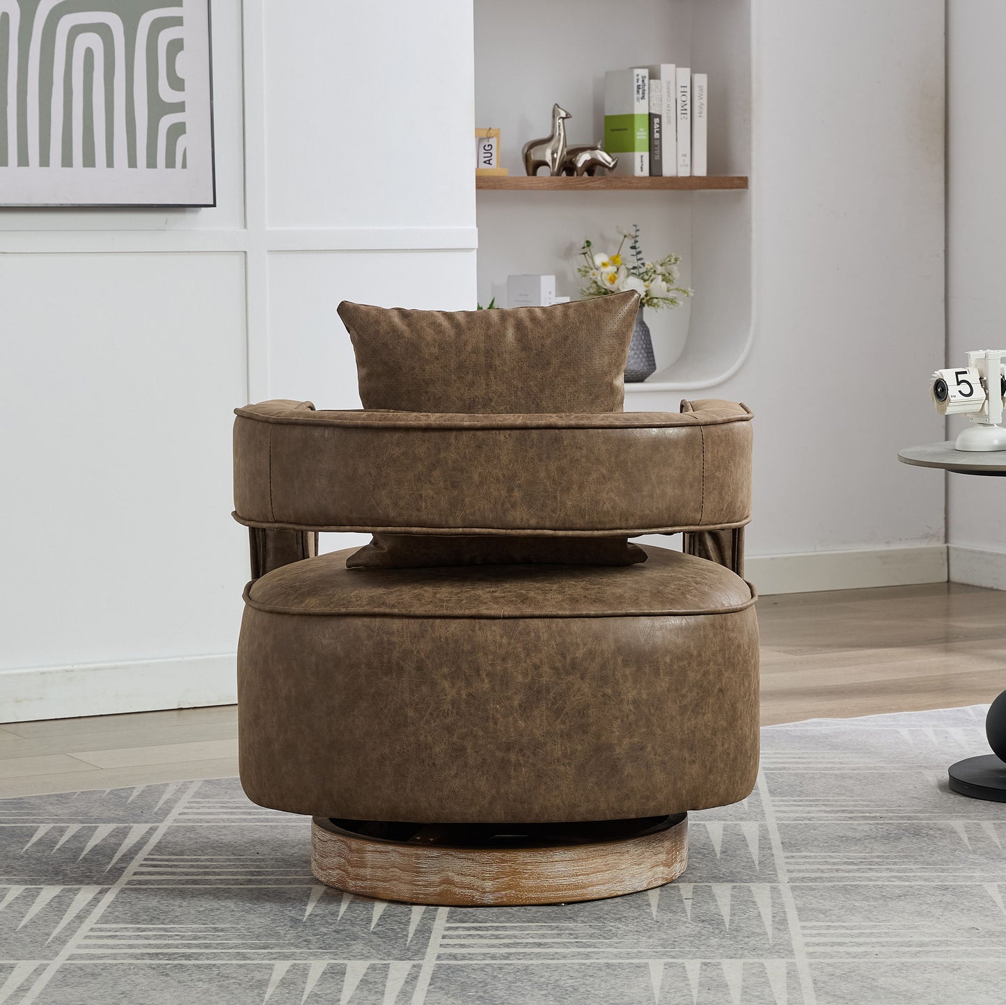 Swivel Accent Open Back Barrel Chair Modern Comfy Sofa Chair With Weathered Base For Living Room, Club Chair Leisure Arm Chair For Lounge - Coffee