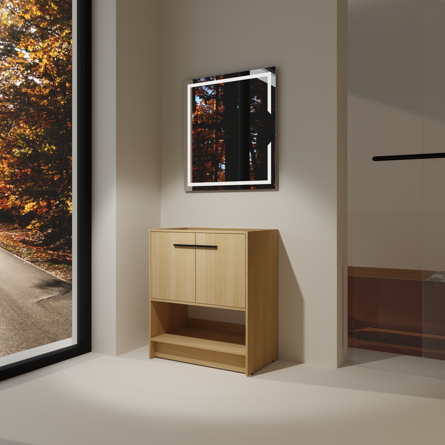 Modern Freestanding 30" Bathroom Vanity With Open Storage Compartment, Construction, Excluding Sink - Oak