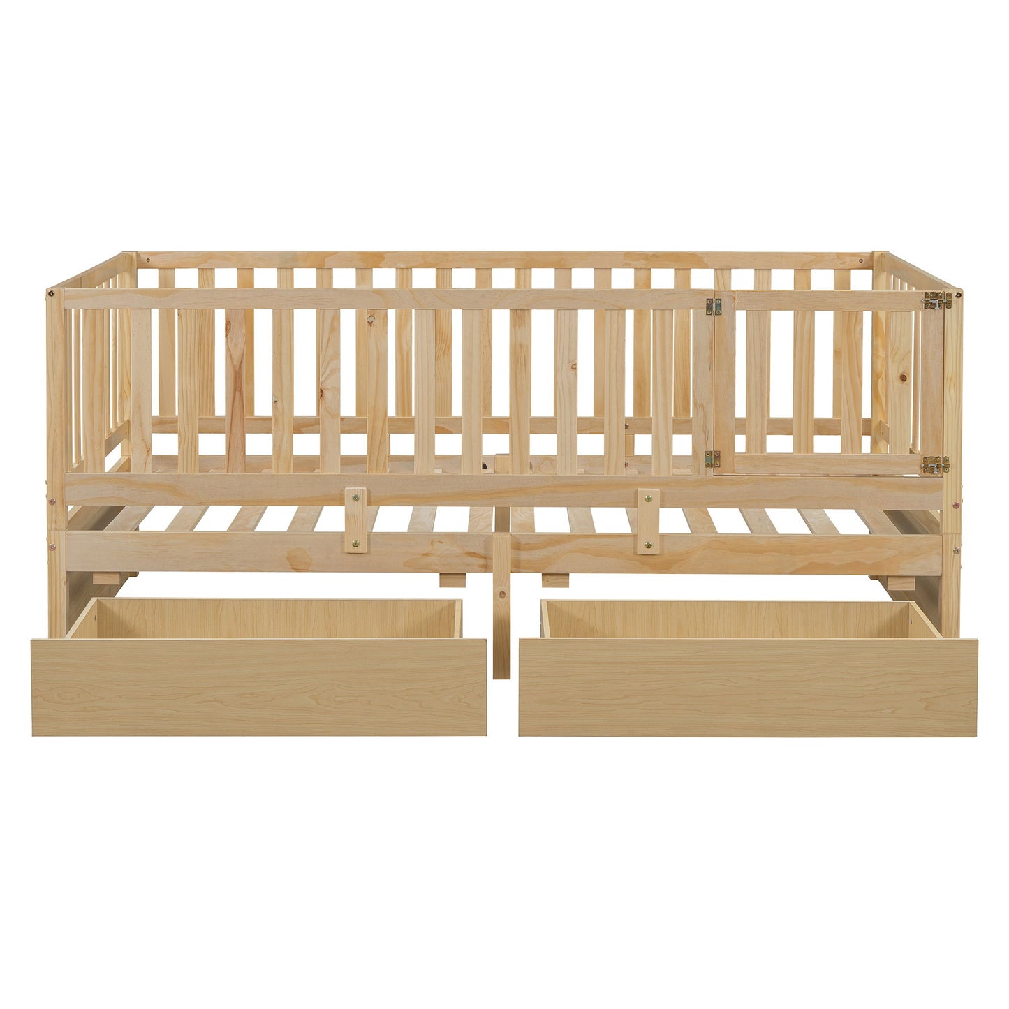 Twin Size Daybed With Fence Guardrails And 2 Drawers, Versatile Split Floor Bed & Daybed - Natural
