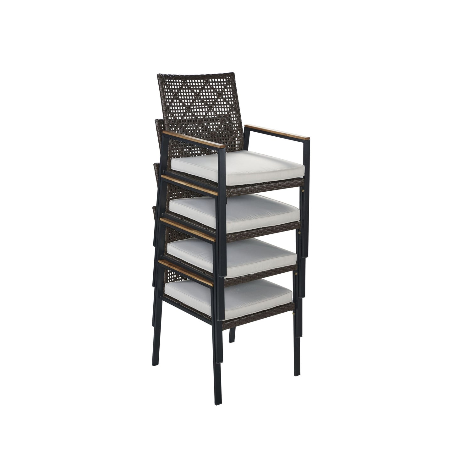 All Weather 5 Piece Patio Dining Table Set, Acacia Wood Table Top With Umbrella Hole, Rattan Outdoor - Coffee Brown