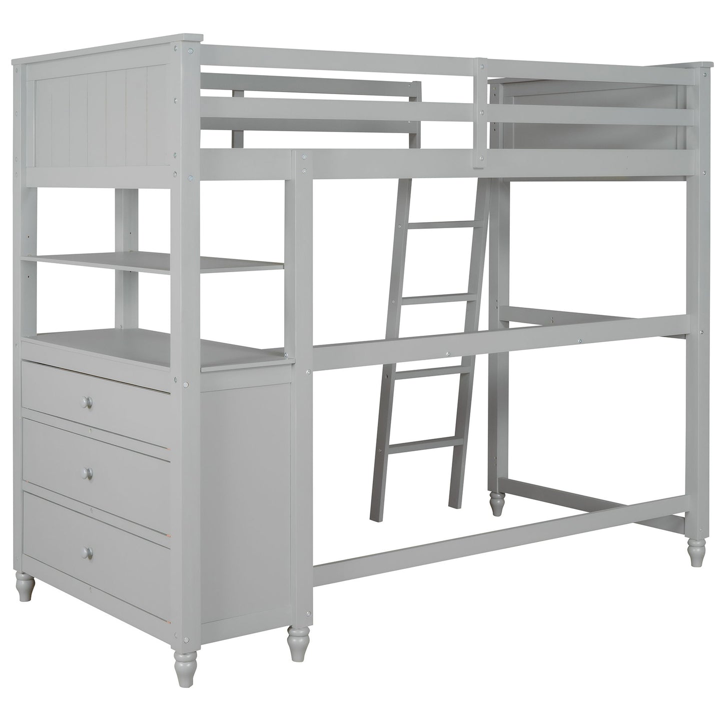 Twin Size Loft Bed With Drawers And Desk, With Shelves - Gray