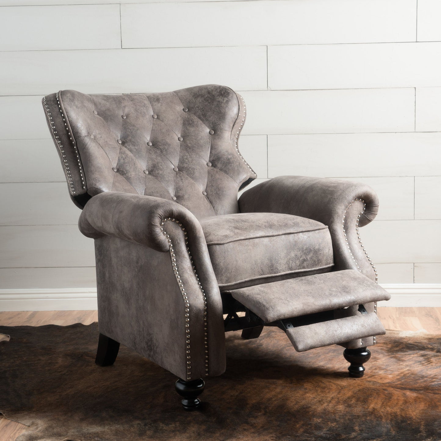 Accented Push Back Recliner Chair With Rolled Arms, Cocooning Comfort - Brown Gray