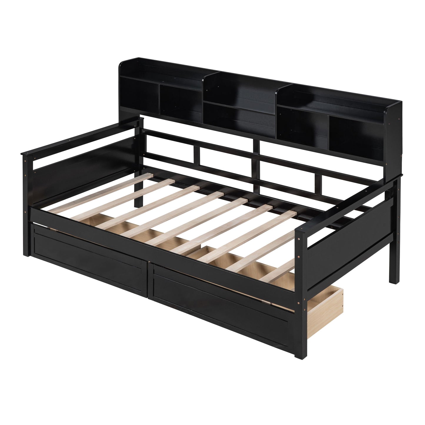 Twin Size Daybed, Slat Support, With Bedside Shelves And 2 Drawers - Espresso