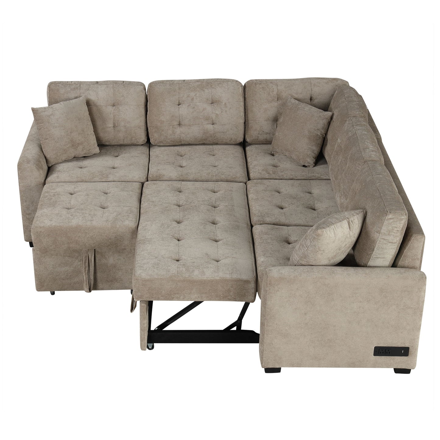 L-Shape Sofa Bed Pull-Out Sleeper Sofa With Wheels, USB Ports, Power Sockets For Living Room - Khaki