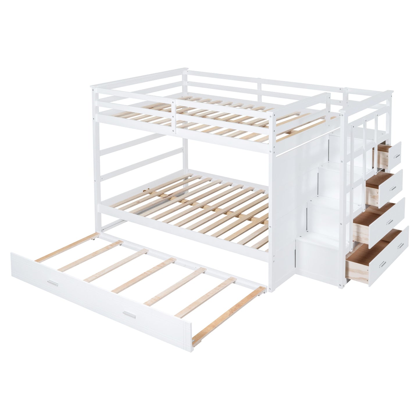 Full Over Full Bunk Bed With Twin Size Trundle And Staircase - White