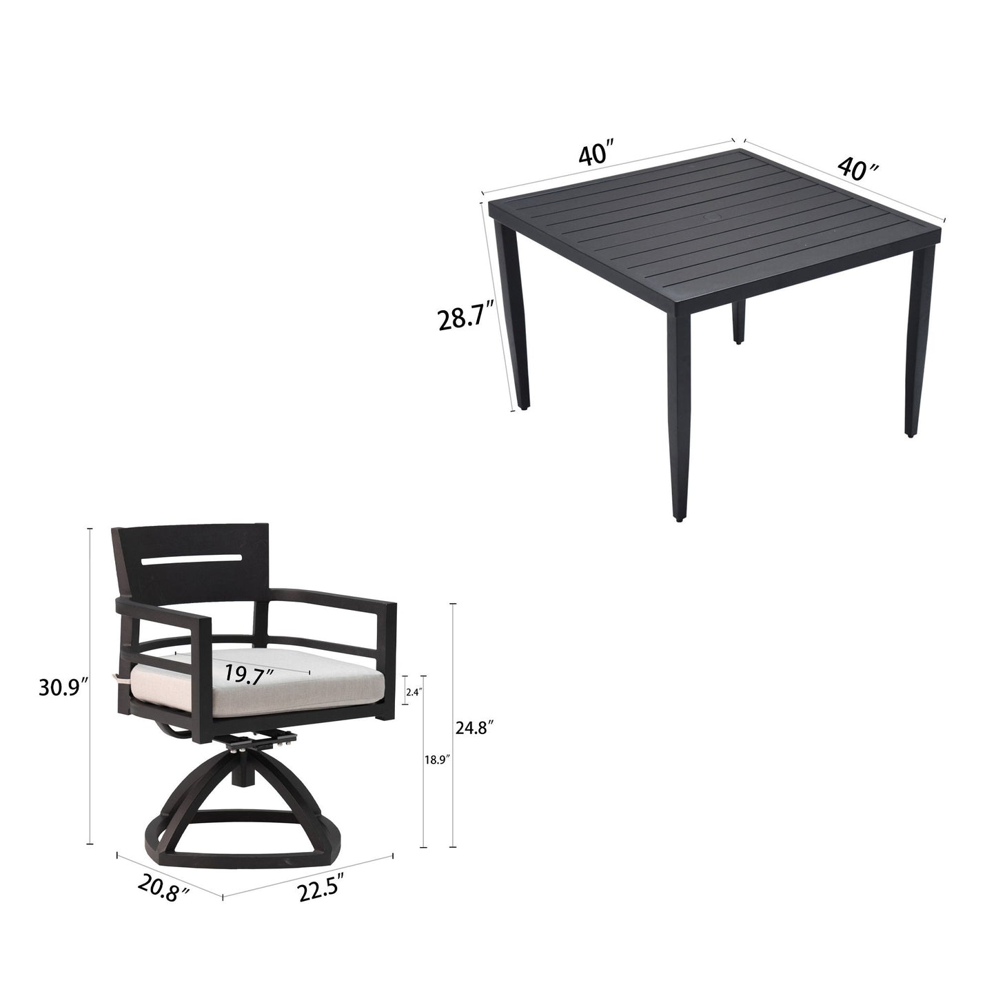 5 Piece Outdoor Patio Furniture, Modern Dining Set, 4 Swivel Chairs Rockers Sunbrella Fabric And Square Dining Table With Umbrella Hole - Ember Black