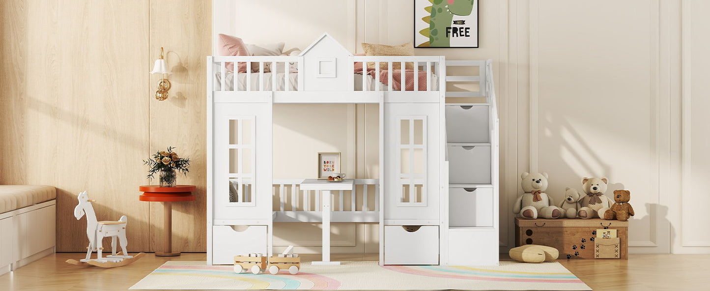 Twin Over Twin Bunk Bed With Changeable Table, Turn Into Upper Bed And Down Desk - White