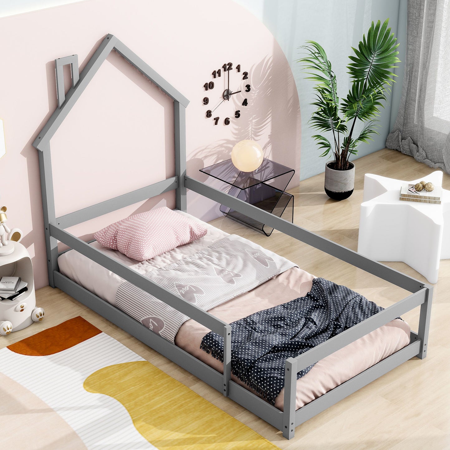 Twin Size Wood Bed With House-Shaped Headboard Floor Bed With Fences - Gray