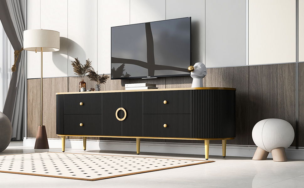Modern TV Stand For TVs Up To 80", Entertainment Center With 4 Drawers And 1 Cabinet, Wood TV Console Table With Handles For Living Room - Black