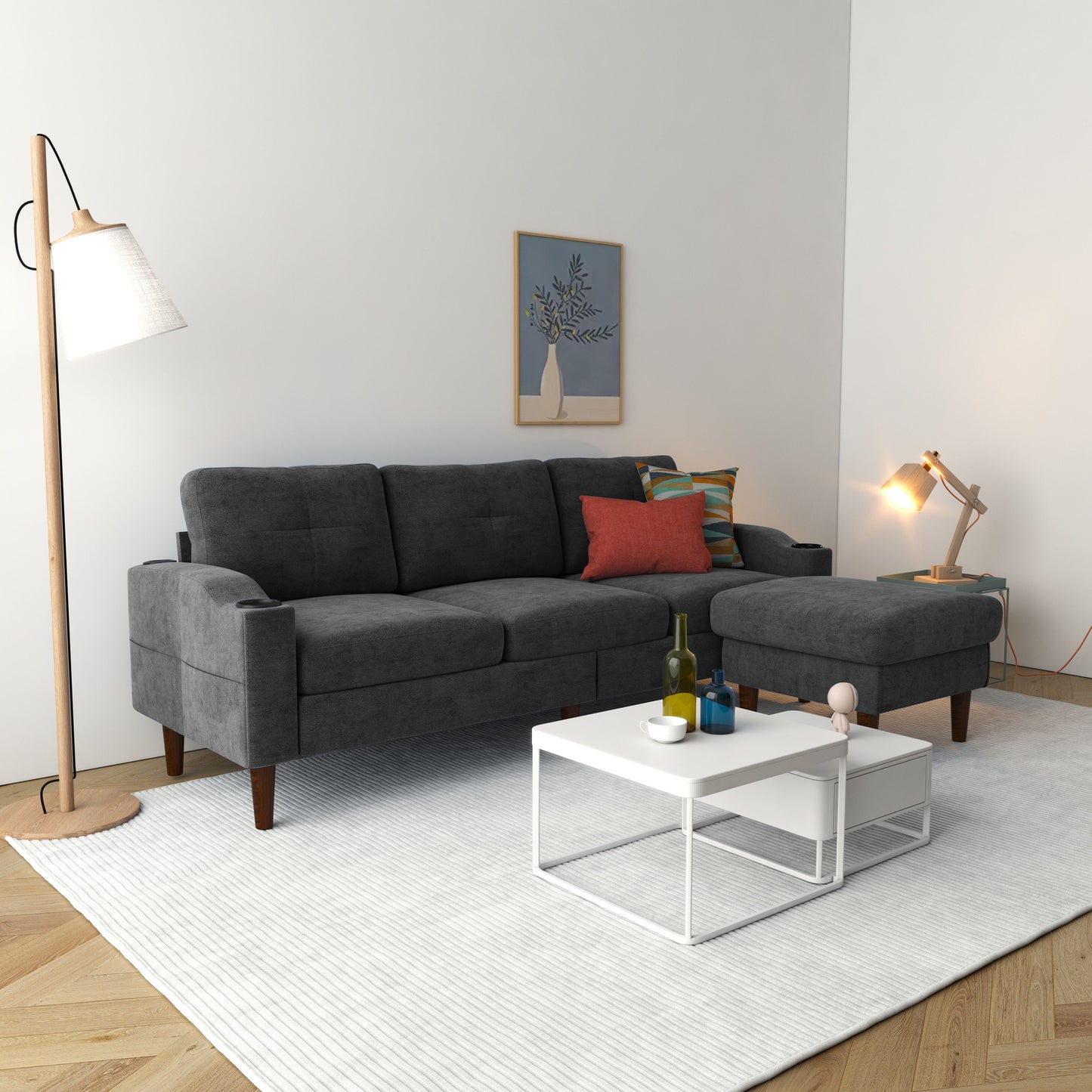 Convertible Combo Sofa, Sofa L Shaped, Sofa With Storage Cabinet Footstool, Living Room Sofa, Living Room 3 Seat Combo Sofa - Dark Gray