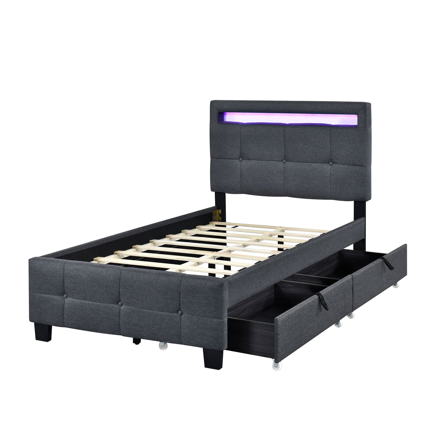 Twin Size Upholstered Platform Bed With LED Frame And 2 Drawers - Gray