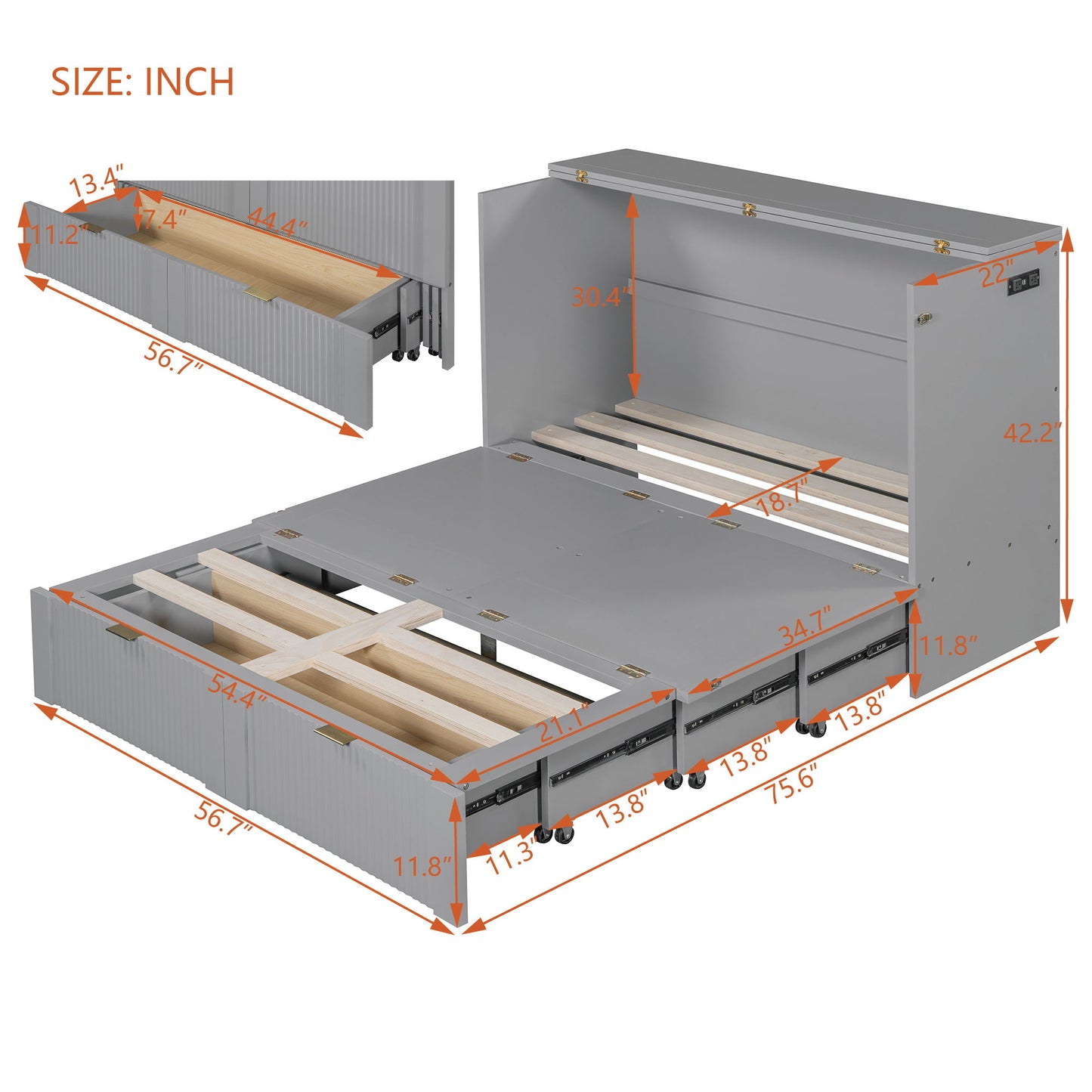 Full Size Murphy Bed With Drawer And A Set Of Sockets & USB Ports, Pulley Structure Design - Gray