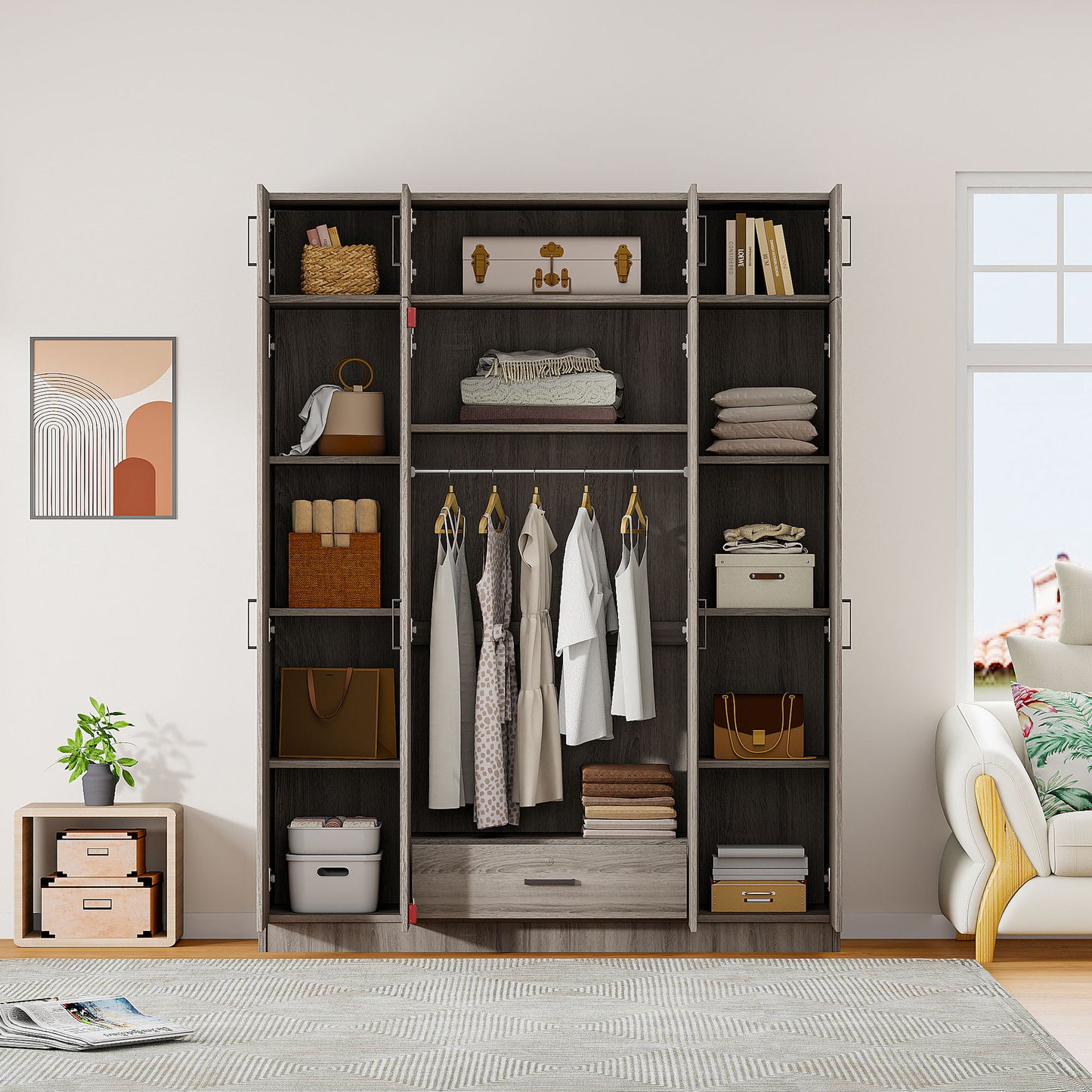 Contemporary 4 Door Wardrobe With 1 Drawer And Top Cabinet - Gray