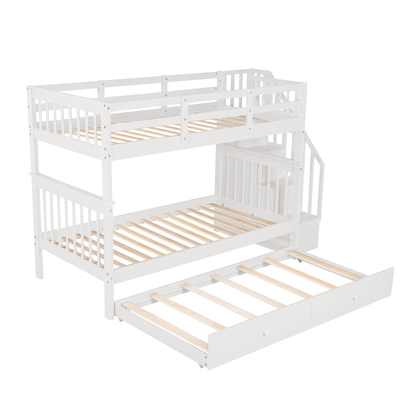 Twin Over Twin Stairway Bunk Bed With Twin Size Trundle For Bedroom - White
