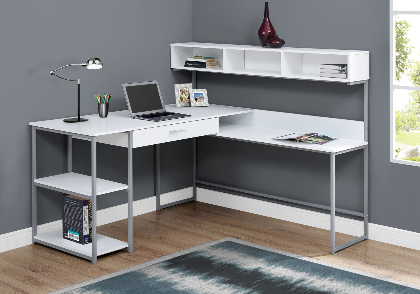 Computer Desk, Home Office, Corner, Storage Drawers, L Shape, Laptop, Elegant Design - White