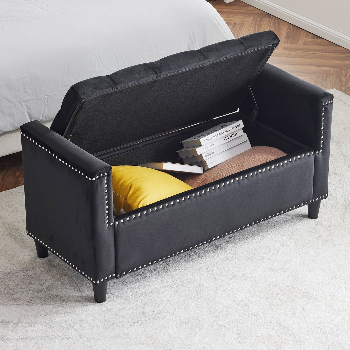Storage Bench, Queen Velvet Button Bedside Bench, Entryway Living Room With Armrests, Nailhead Trim, Upholstered Bedroom Bench, Bedside Ottoman, Living Room, Entryway - Black