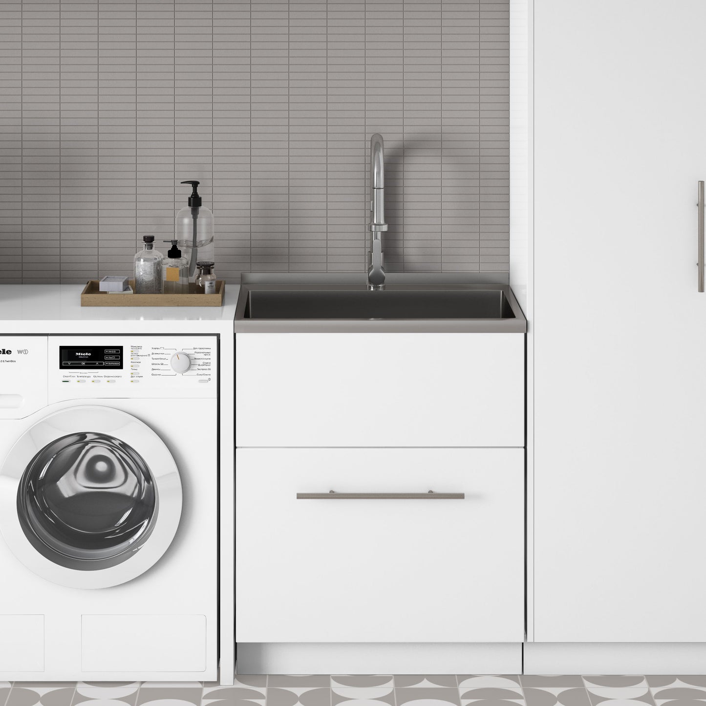 Metro - Laundry Cabinet & Faucet And Stainless Steel Sink - White