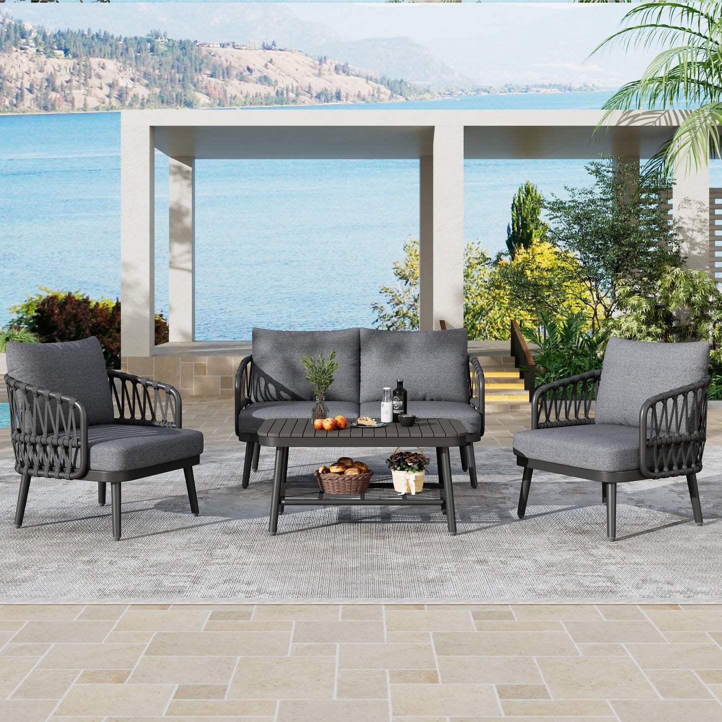 4 Piece Outdoor Patio Furniture Set, Metal Chairs With Woven Rope U Shaped Backrest, Outdoor Conversation Set With Thick Cushions And Coffee Table For Garden, Poolside, Balcony - Black / Gray