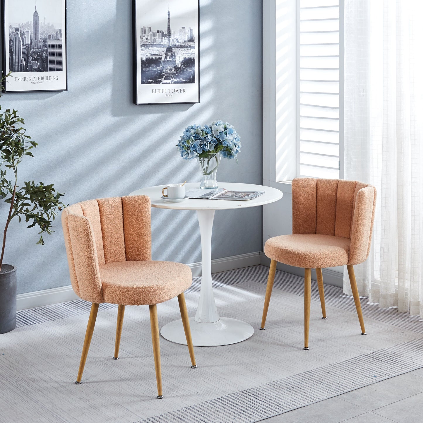 Modern Dining Chair (Set of 2) With Iron Tube Wood Color Legs, Shorthair Cushions And Comfortable Backrest, Suitable For Dining Room, Living Room, Cafe, Simple Structure - Light Beige