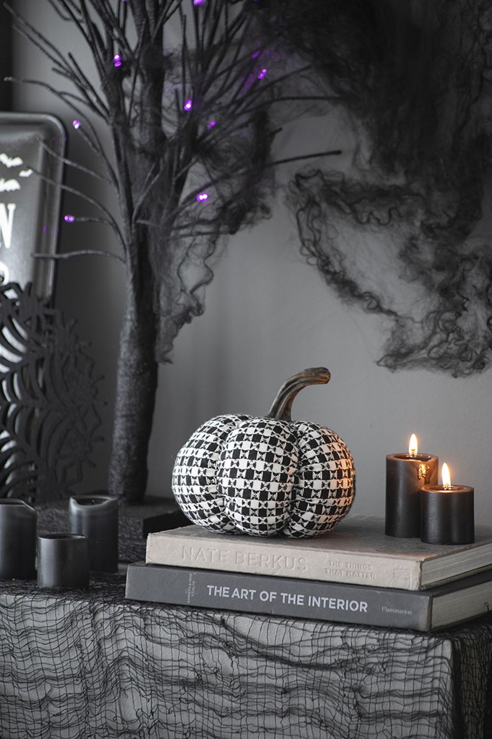 Plaid Pumpkin Decor, For Holiday Halloween Decoration (Set of 2) - Black / White