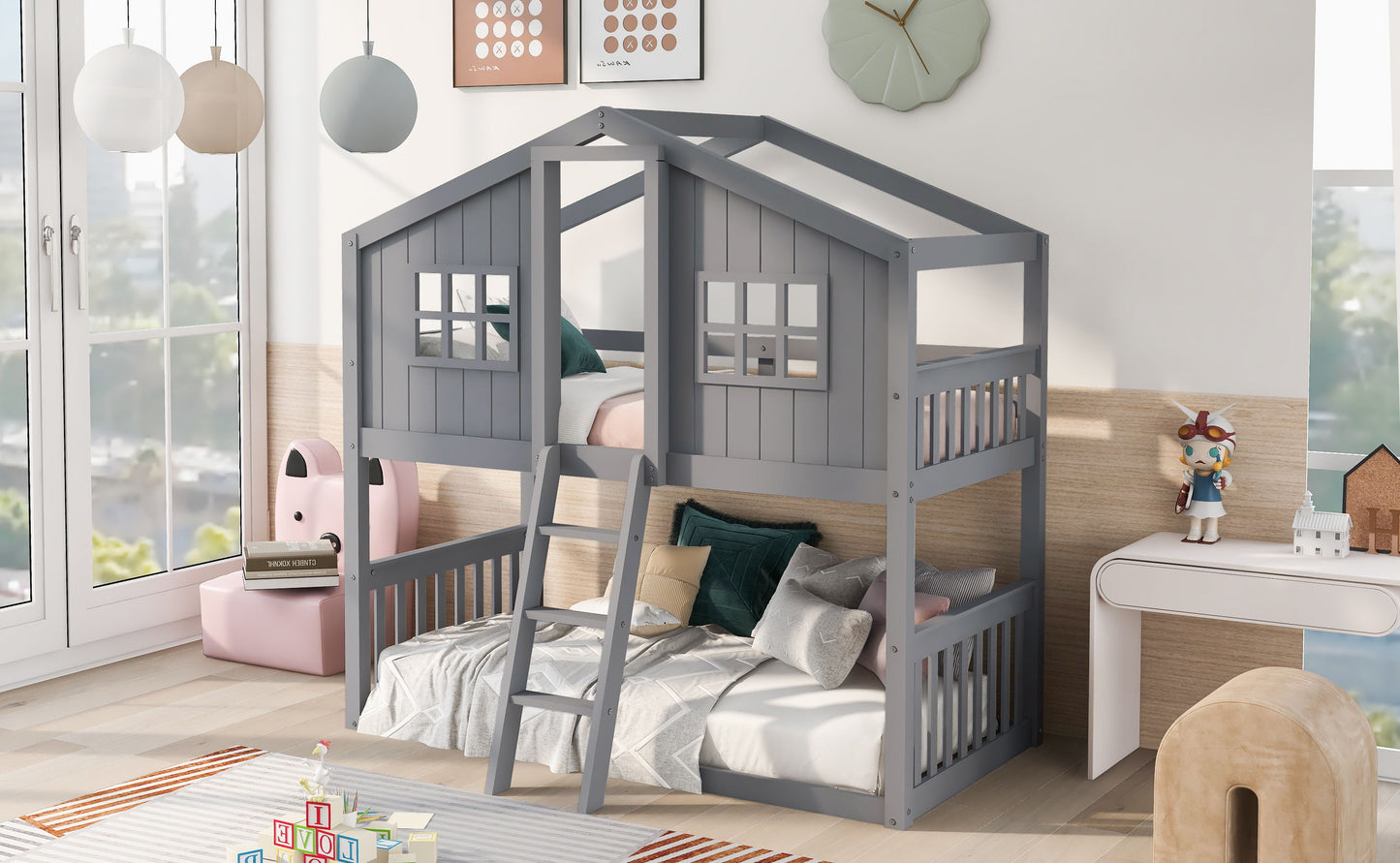 Twin Over Twin House Bunk Bed With Ladder - Gray