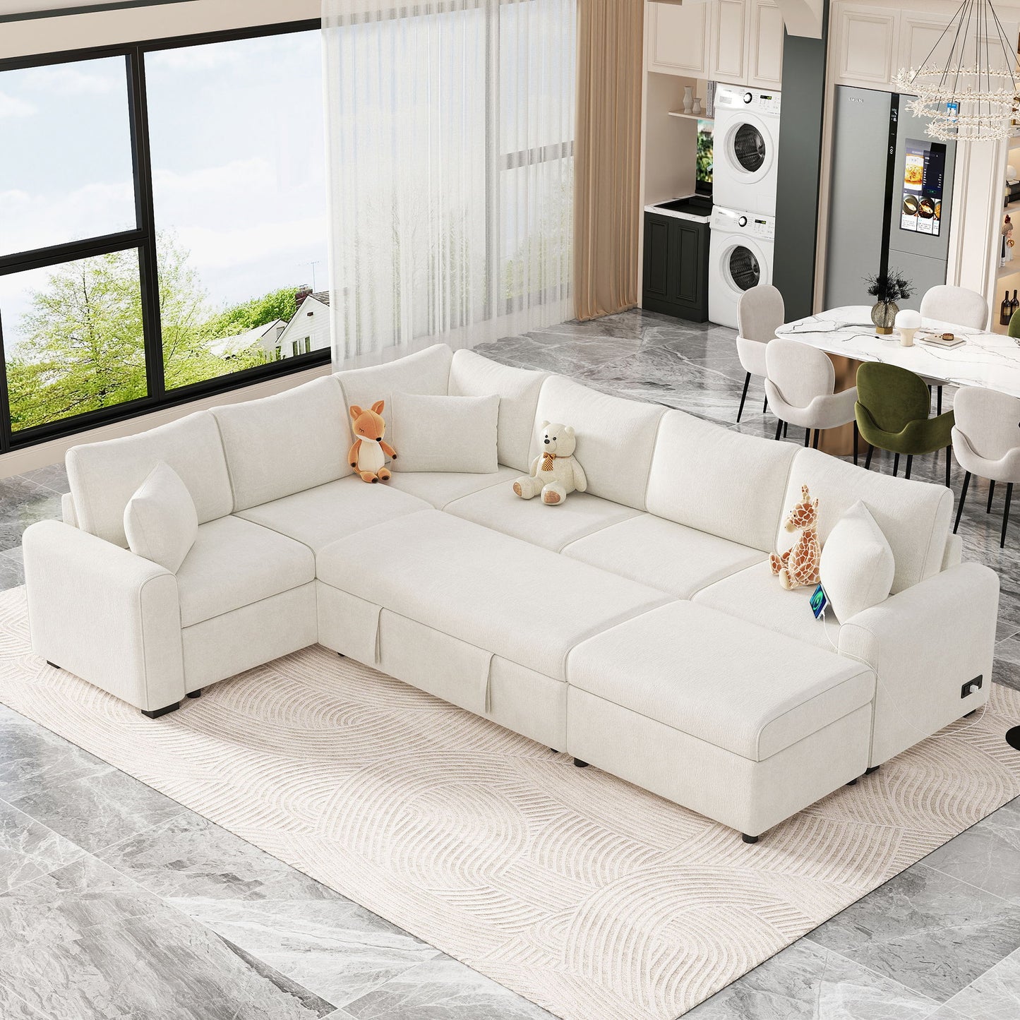 Sectional Sofa Pull-Out Sofa Bed Sleeper With A Storage Ottoman, Three Pillows And Charging Devices For Living Room - Cream