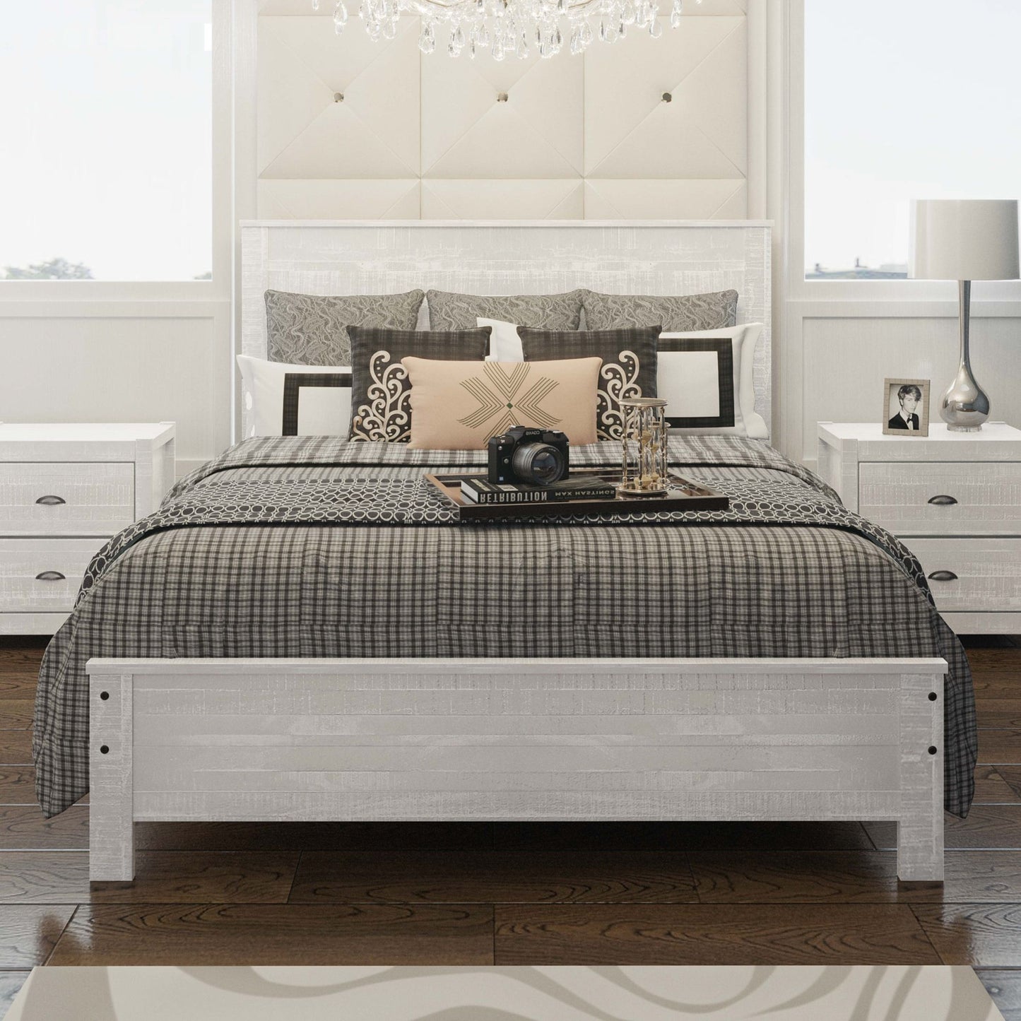Albany - Queen Bed Frame With Headboard, Heavy Duty Modern Rustic Design - White