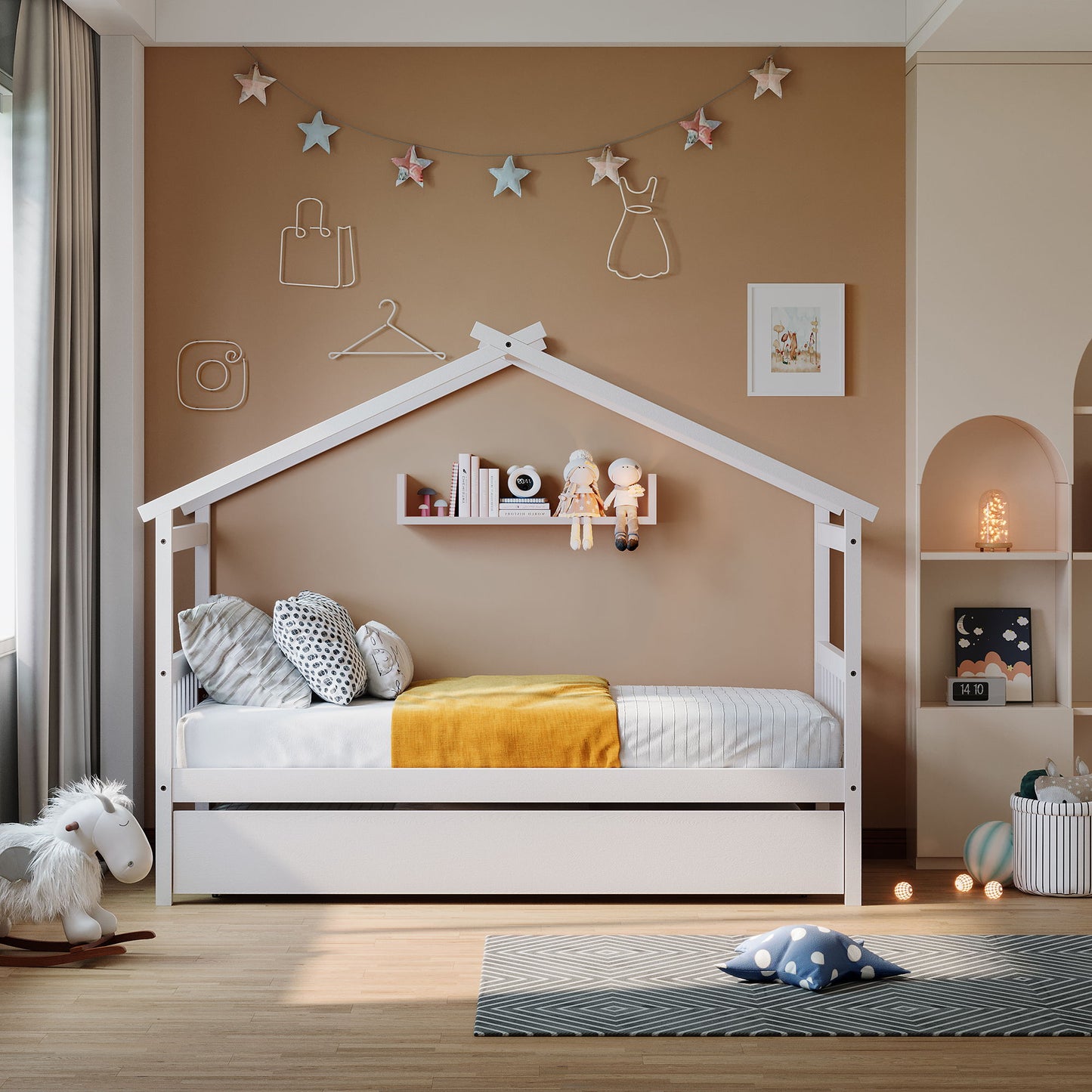 Twin Size House Bed With Twin Size Trundle - White