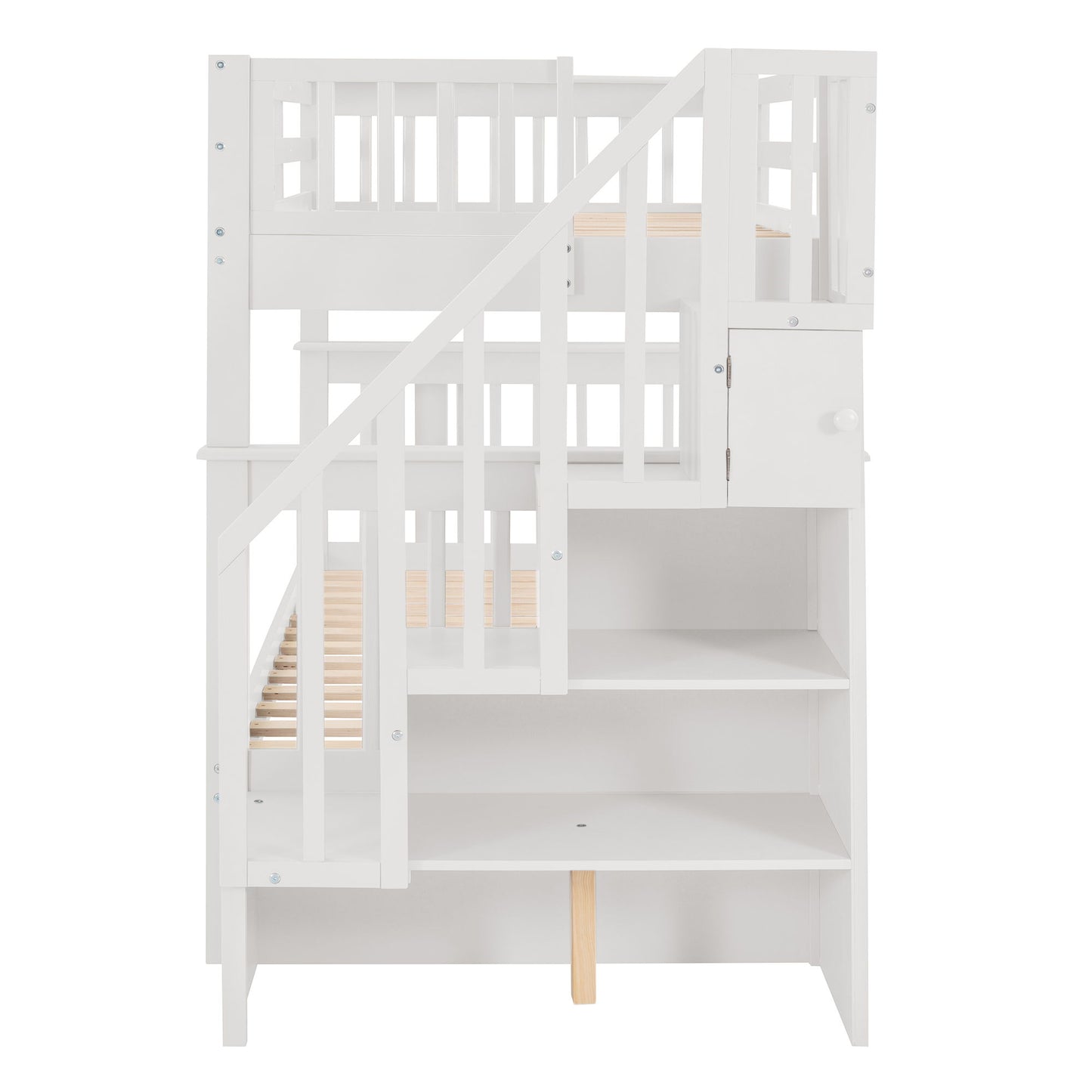 Twin Over Twin Stairway Bunk Bed With Twin Size Trundle For Bedroom - White