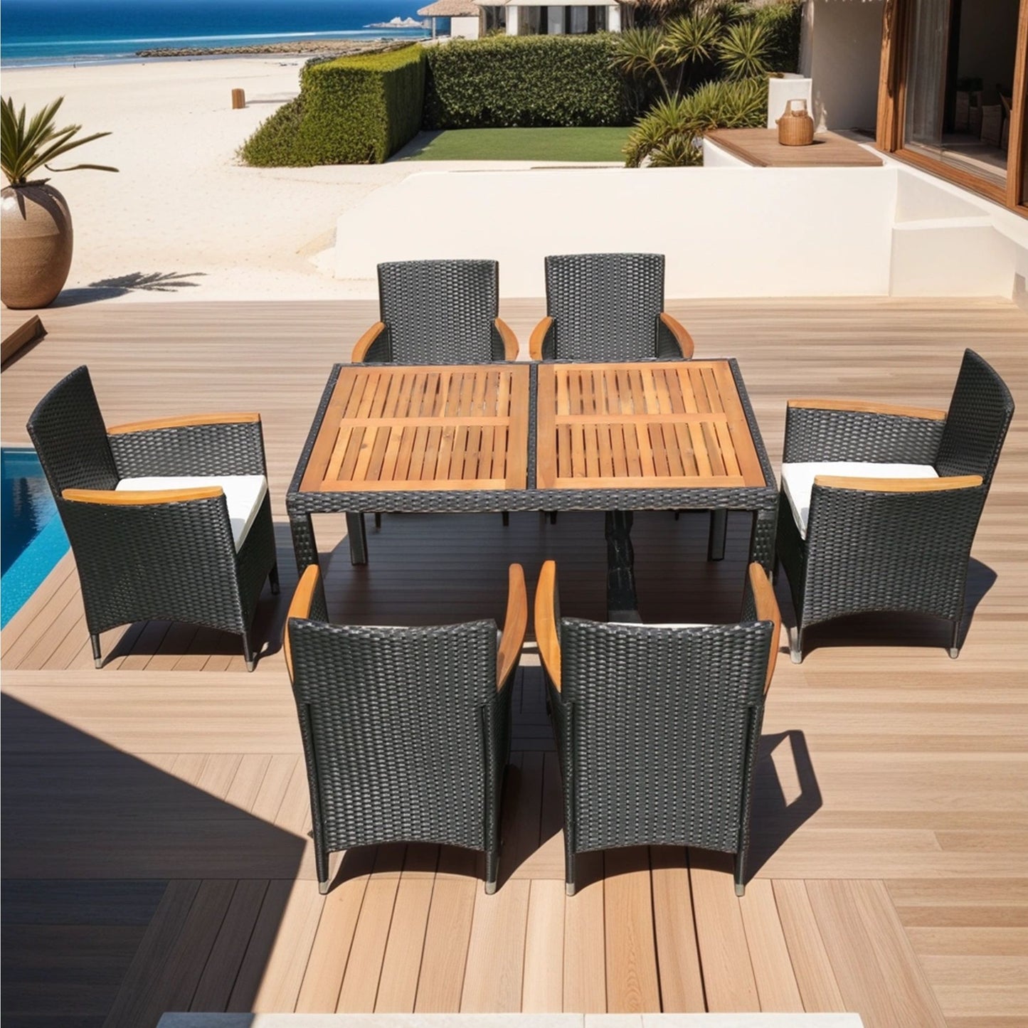 7 Piece Outdoor Patio Wicker Dining Set Patio Wicker Furniture Dining Set - Black / Cream