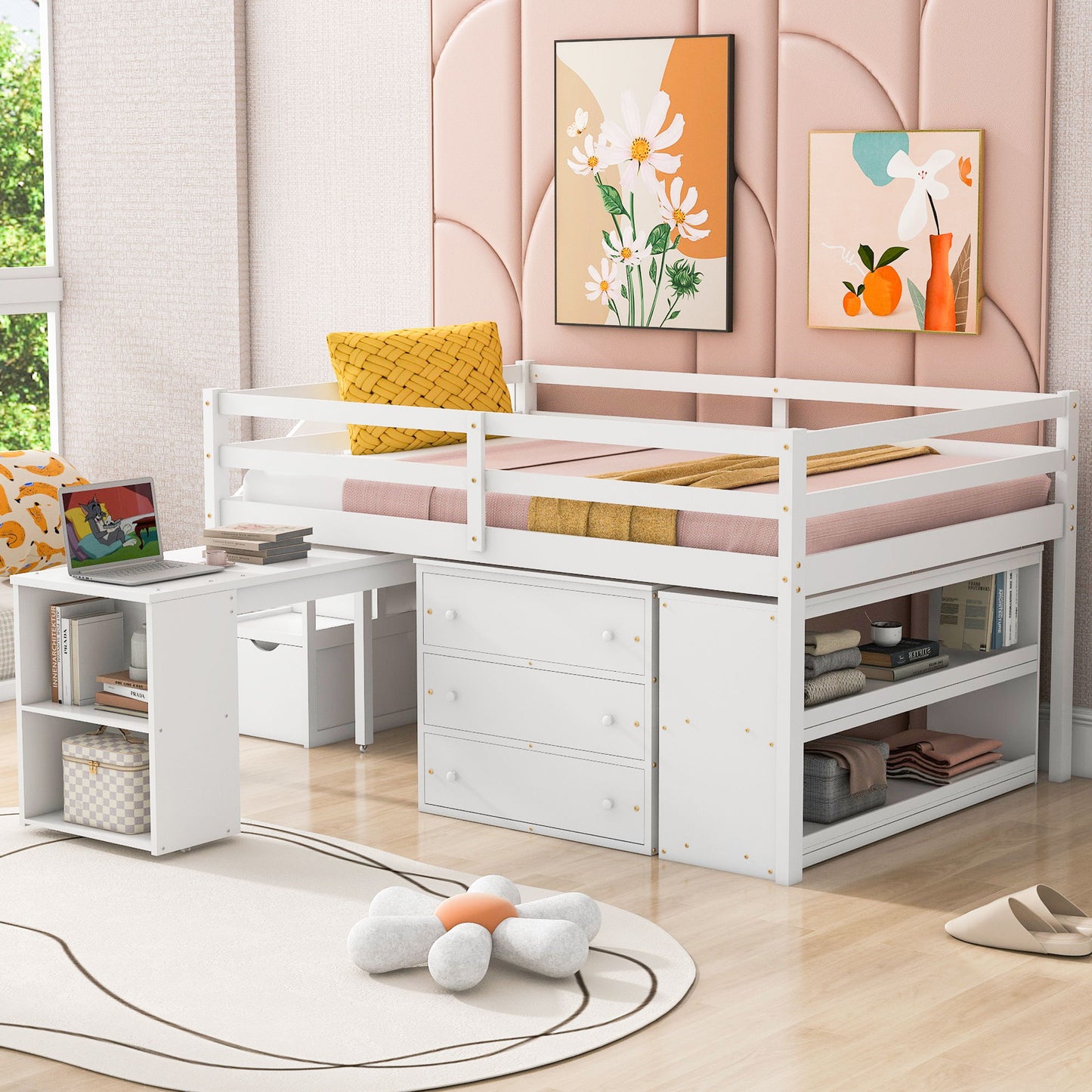 Full Size Loft Bed With Retractable Writing Desk And 3 Drawers With Storage Stairs And Shelves - White