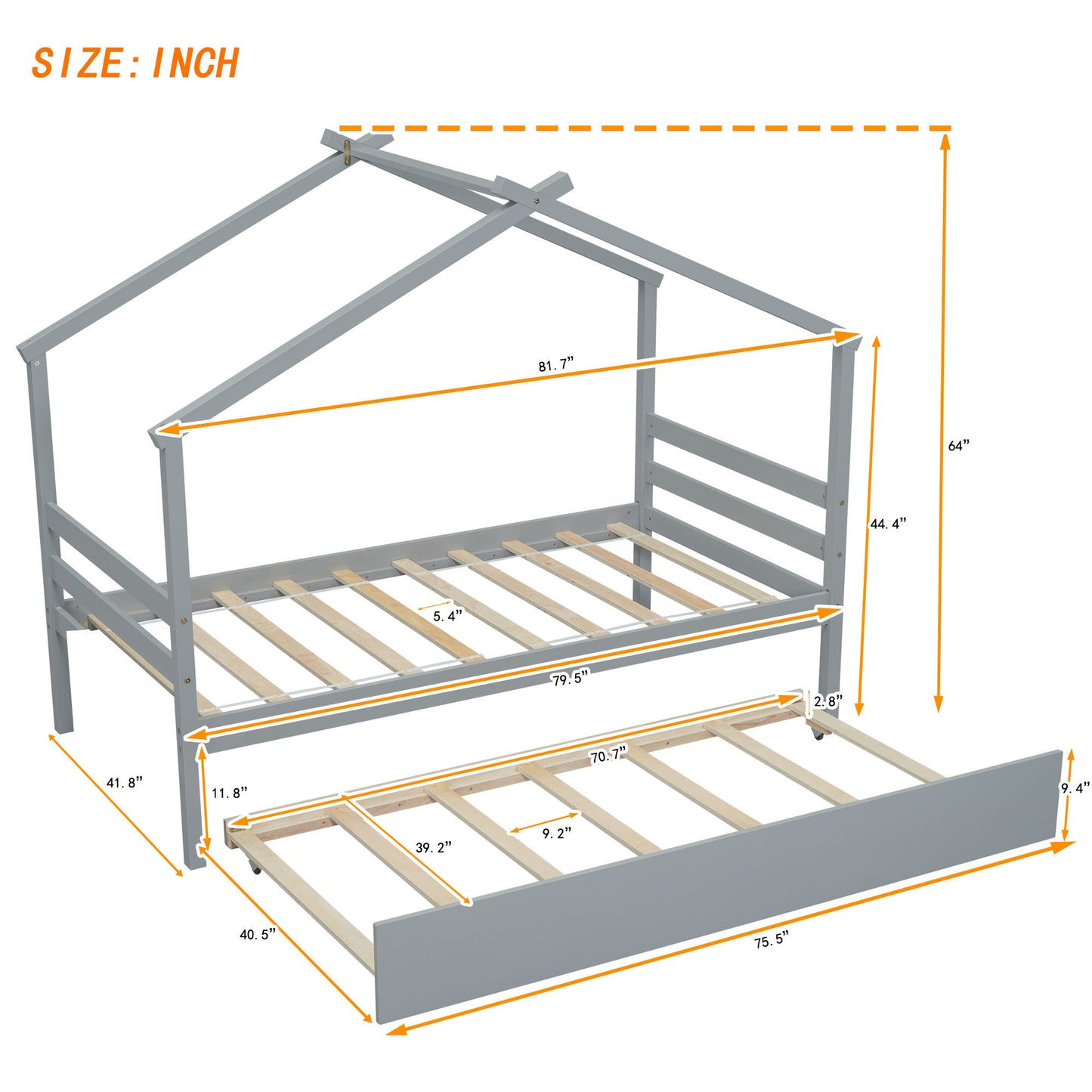 Twin Size House-Shaped Bed With Trundle - Gray