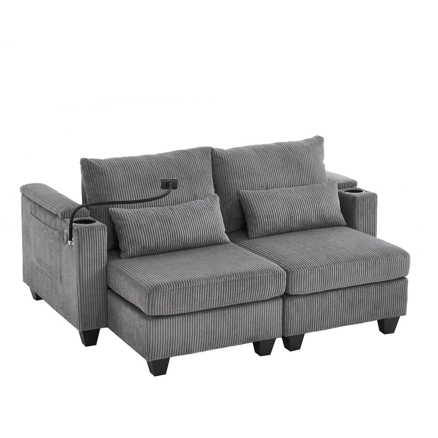 Convertible Chaise Lounge Loveseat Sofa Bed With USB Ports, Cup Holders, Phone Holder, Ample Storage - Gray