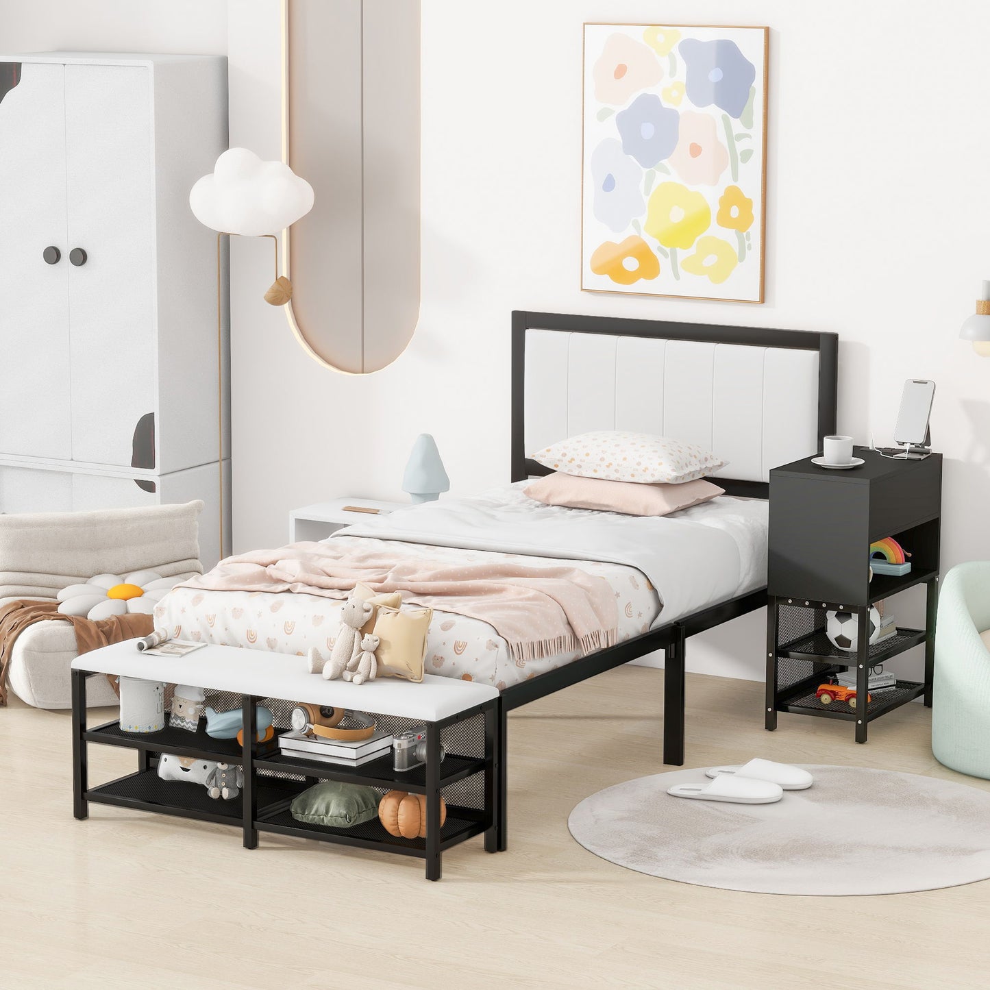 Twin Size Platform Bed With 2 Tier Storage Shelves, Storage Cabinet - Black