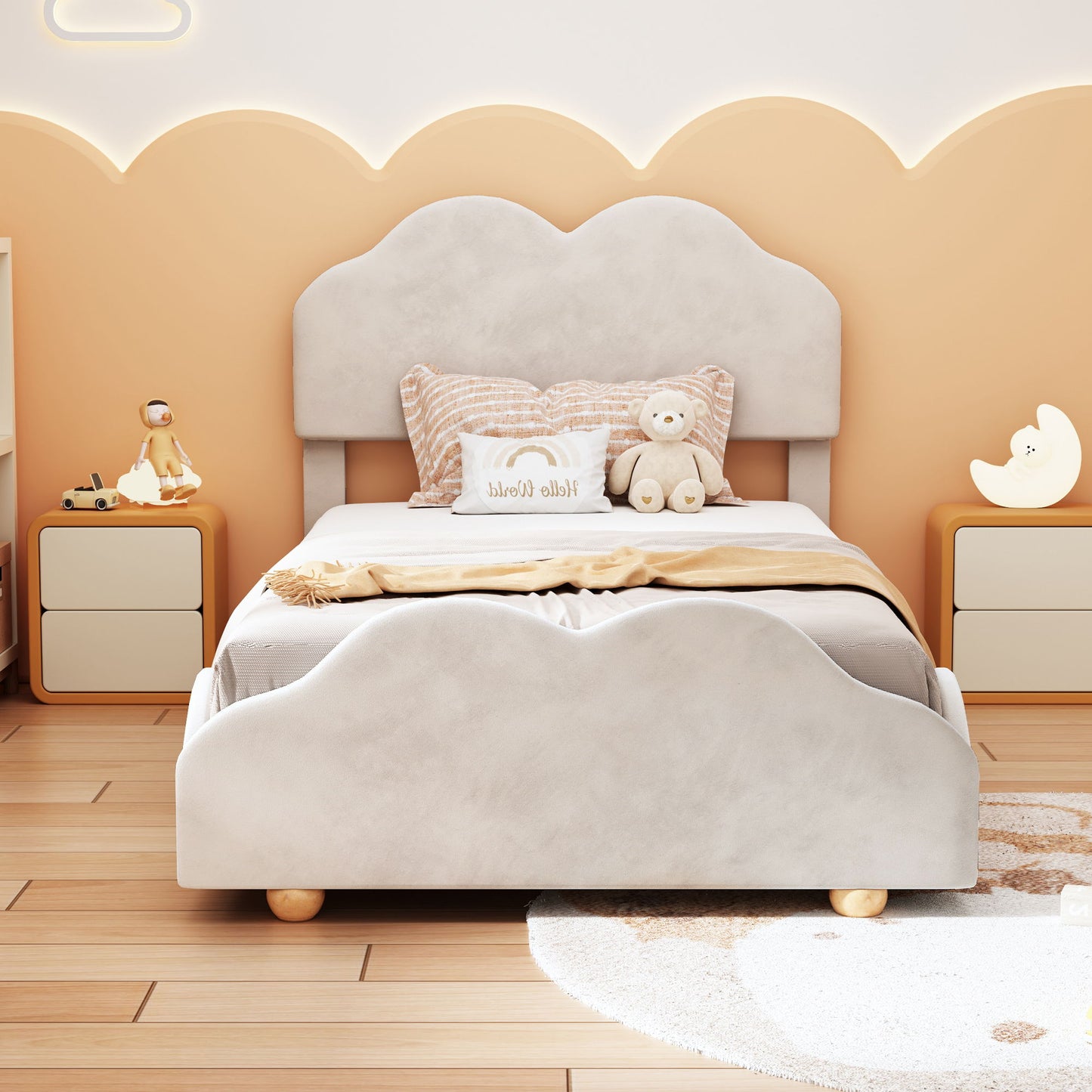 Twin Size Upholstered Platform Bed With Cloud Shaped Board - Beige