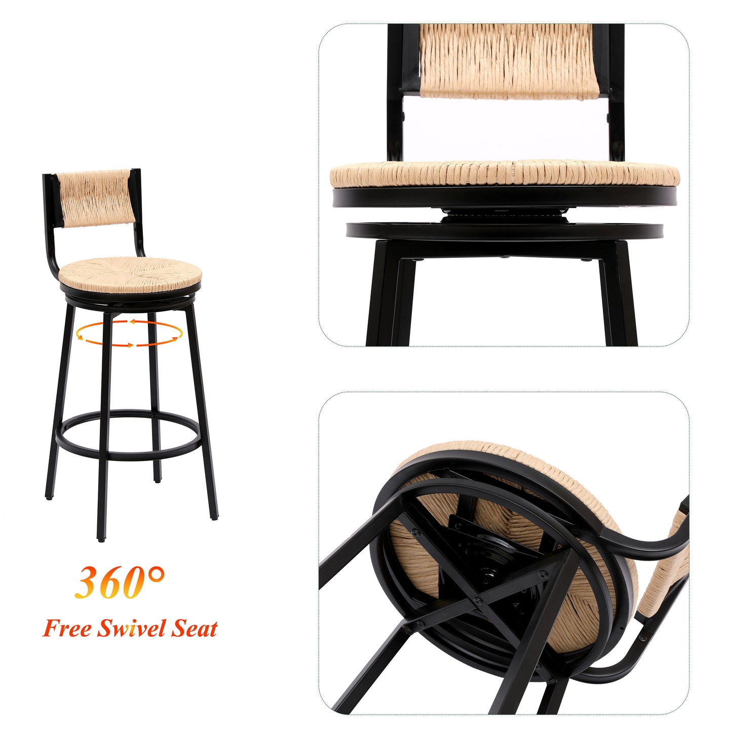 Honey Swivel Bar Stools Paper Rope Handwoven Barstools With Back (Set of 2) Rustic Round Counter Chairs For Dining Room, Kitchen Island - Honey