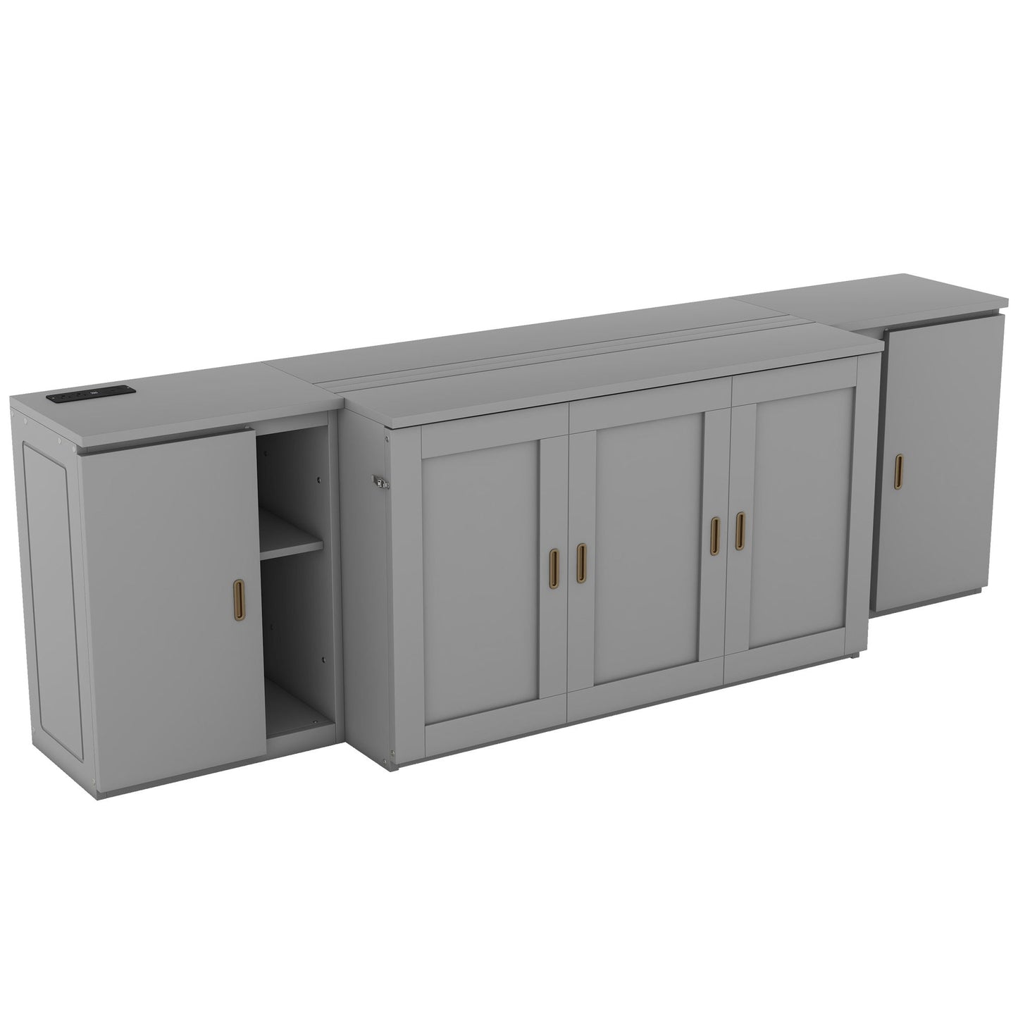 Full Size Murphy Bed With Shelves, Cabinets And USB Ports - Gray