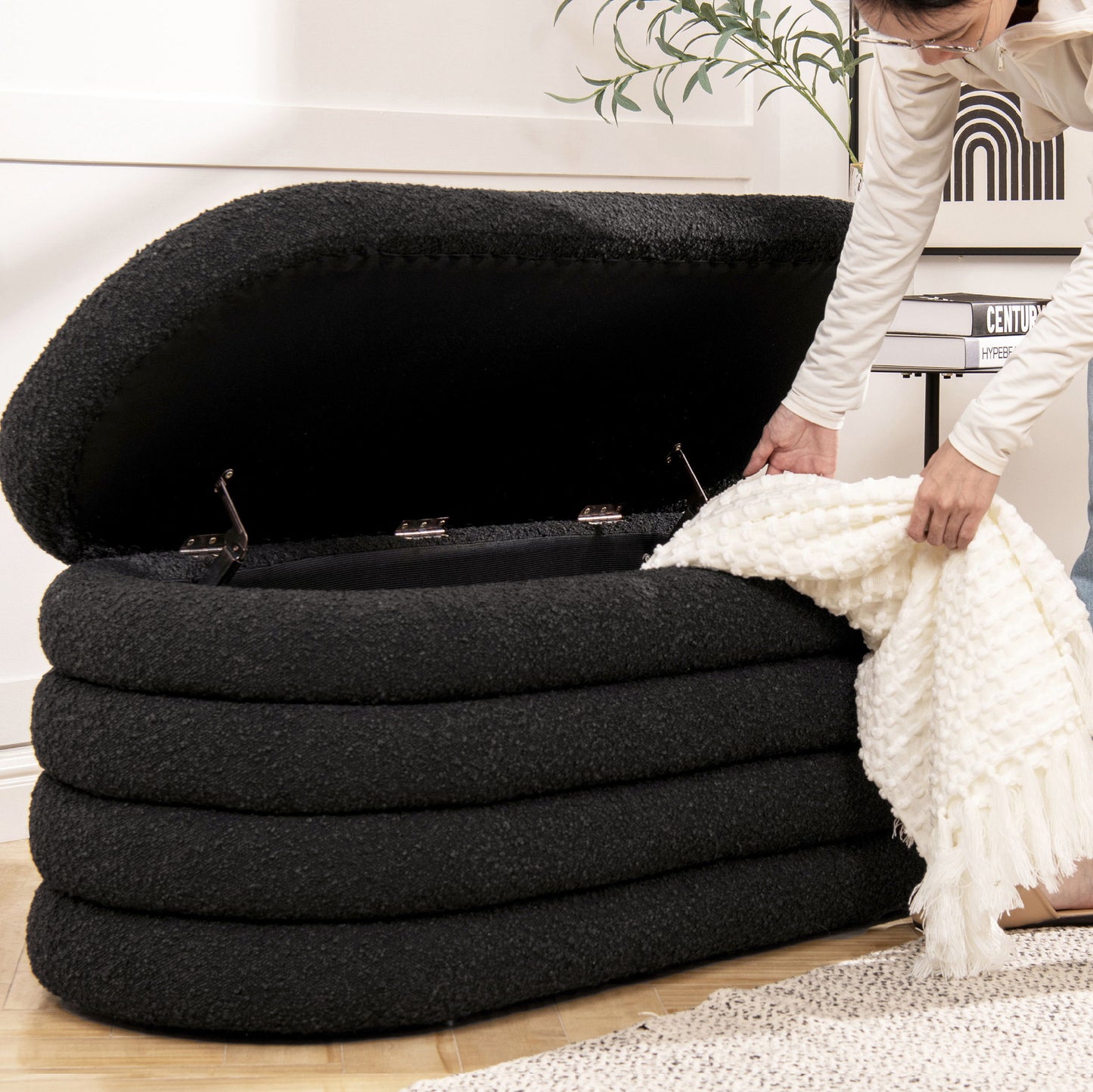 Fuji - Upholstered Oval Storage Bench - Ebony Black
