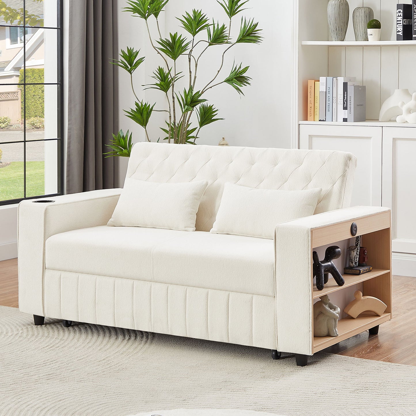 Pull Out Sofa Bed Convertible Couch Loveseat Sofa Modern Sleeper Sofa With Adjustable Backrest For Living Room - Beige