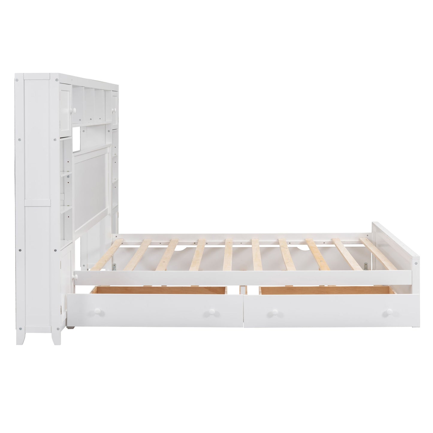 Queen Size Bed With All In One Cabinet, Shelf And Sockets, Twin Long Trundle - White