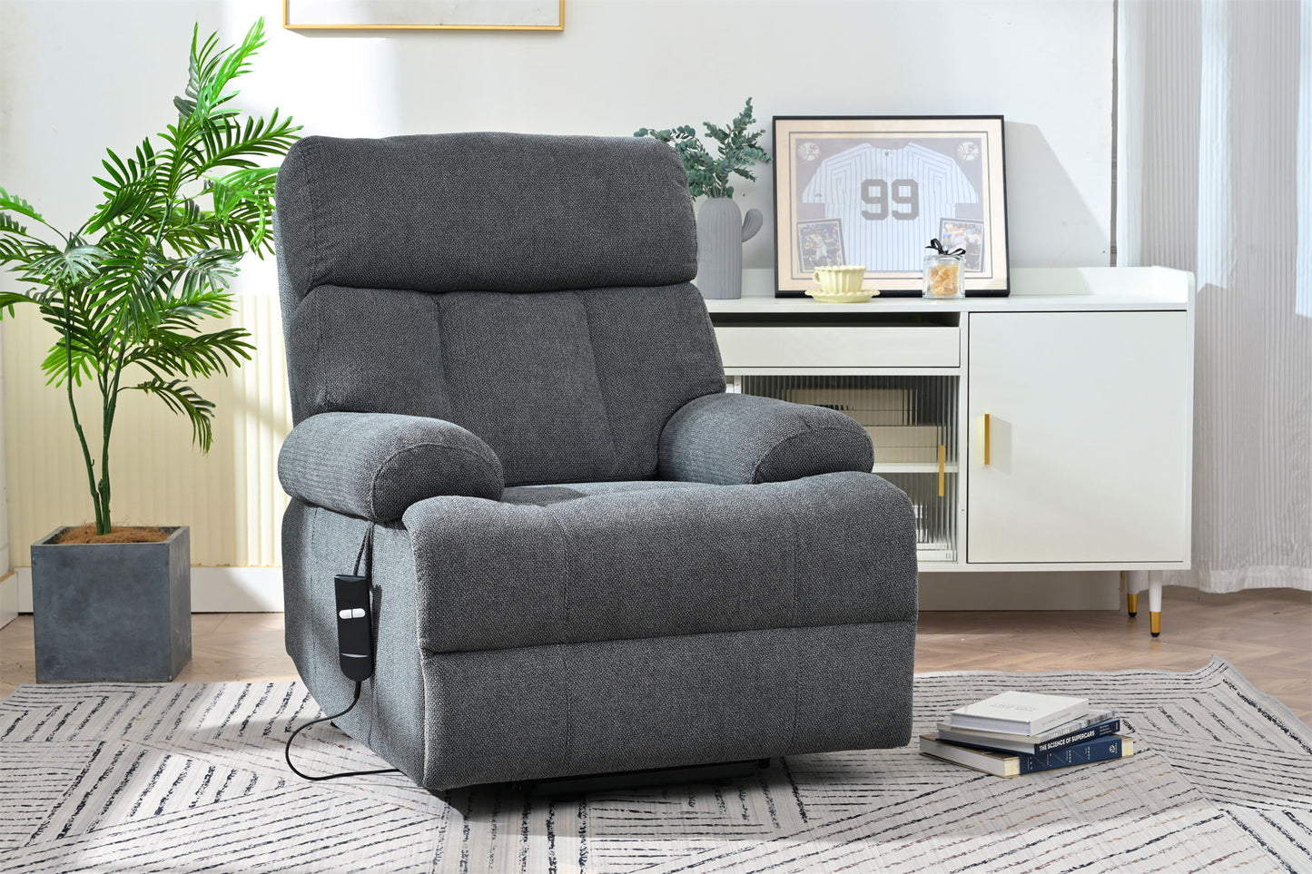 Oversized Power Lift Recliner Chair, Electric Fabric Recliner Chair, Home Theater Seating, Reclining Sofa Chair With Remote Control, Side Pocket, Spacious Seat - Dark Gray
