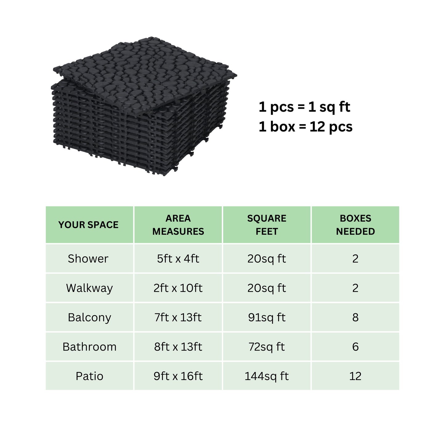Interlocking Deck Tiles Plastic Waterproof Outdoor All Weather Anti-Slip Bathroom Shower Balcony Porch Strong Weight Capacity Upto 440 Lbs, Pebble Stone Pattern Pack Of 12 - Black