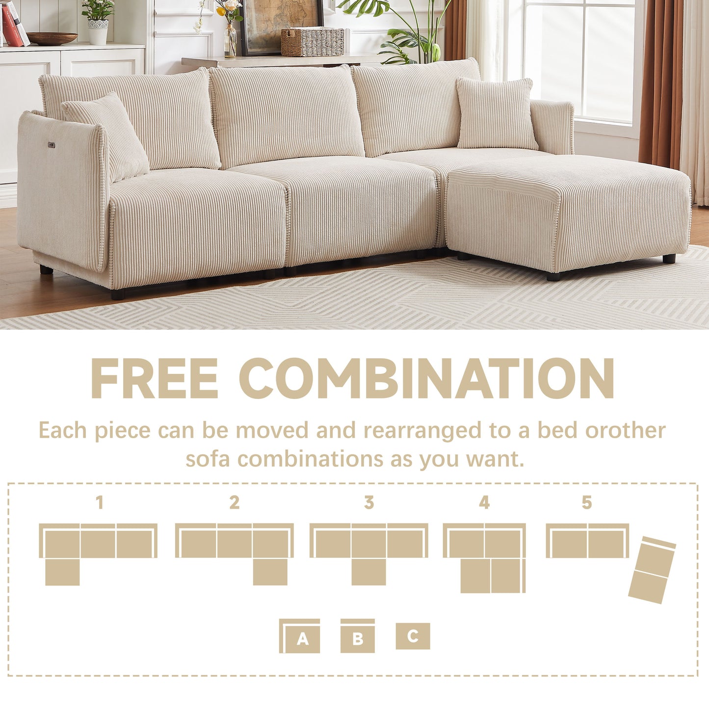 Multi Module Combination Style Sofa For Living Room And Other Lounge Spaces, Modern Minimalist Corduroy Combination Sofa With 2 Comfort Cushions With USB & C Charging Ports, 2 Sets - Beige
